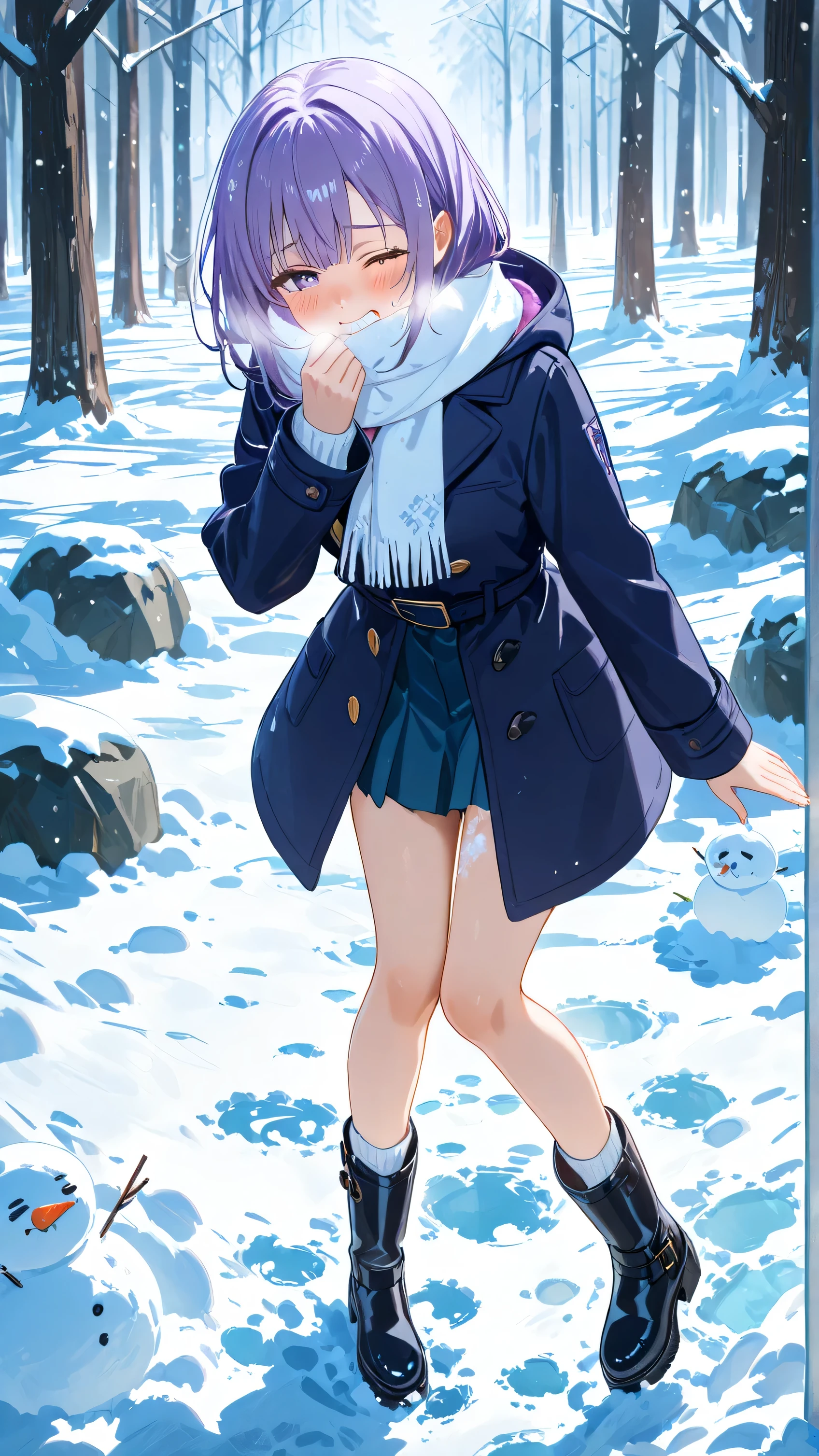 girl shivering in the cold in the snow、  above him 、 Station Platform、Navy Coat 、 white scarf 、 VTUBER distribution screen、one leg raised、 place your hand in front of your mouth 、  in the nature of the sun、 Tokonamitowa、Hololive、 purple hair、 covered in snow、it's cold and one eye is closed、  white braces 、 a girl with a crooked mouth 、Frightened Eyes、  That looks painful 、snot、 Snow in my hair 、White Snow、Cold Stare、high school girl、It's snowing、 trembling line on inner thigh、White steam、  snow boots  、