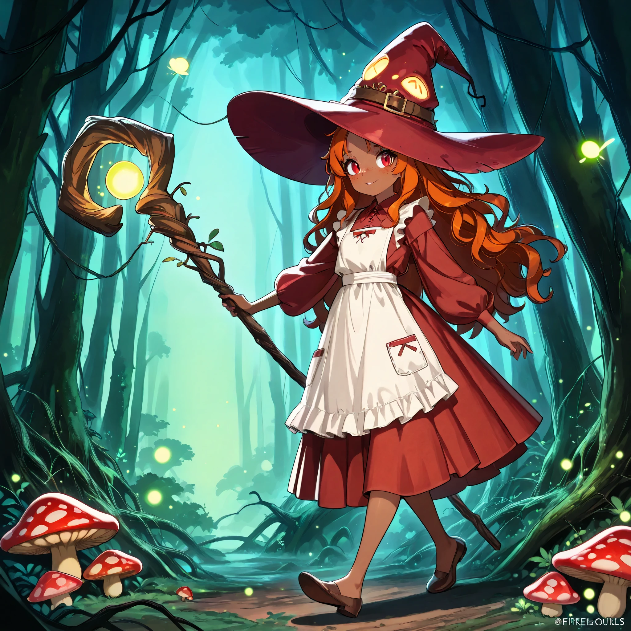  a Fungi Witch with tanned dark skin covered with freckles. She has yellow/scarlet eyes. She has loose ginger red wavy hair, long to her feet. Per dressing set: She wears  swamp green  medieval witch dress and an apron with two pockets. she wearing a potion belt. There is a bag over her shoulder with medicinal herbs sticking out of it. She has brown pointy witch's shoes. She wears a red fly Agaric hat on her head. In her hand she holds a staff in the shape of a tree branch overgrown with moss. she slowly walking in the mushroom grove  where big mushroom-trees grow everywhere around the blooming swamp, fireflies are flying in the air. 