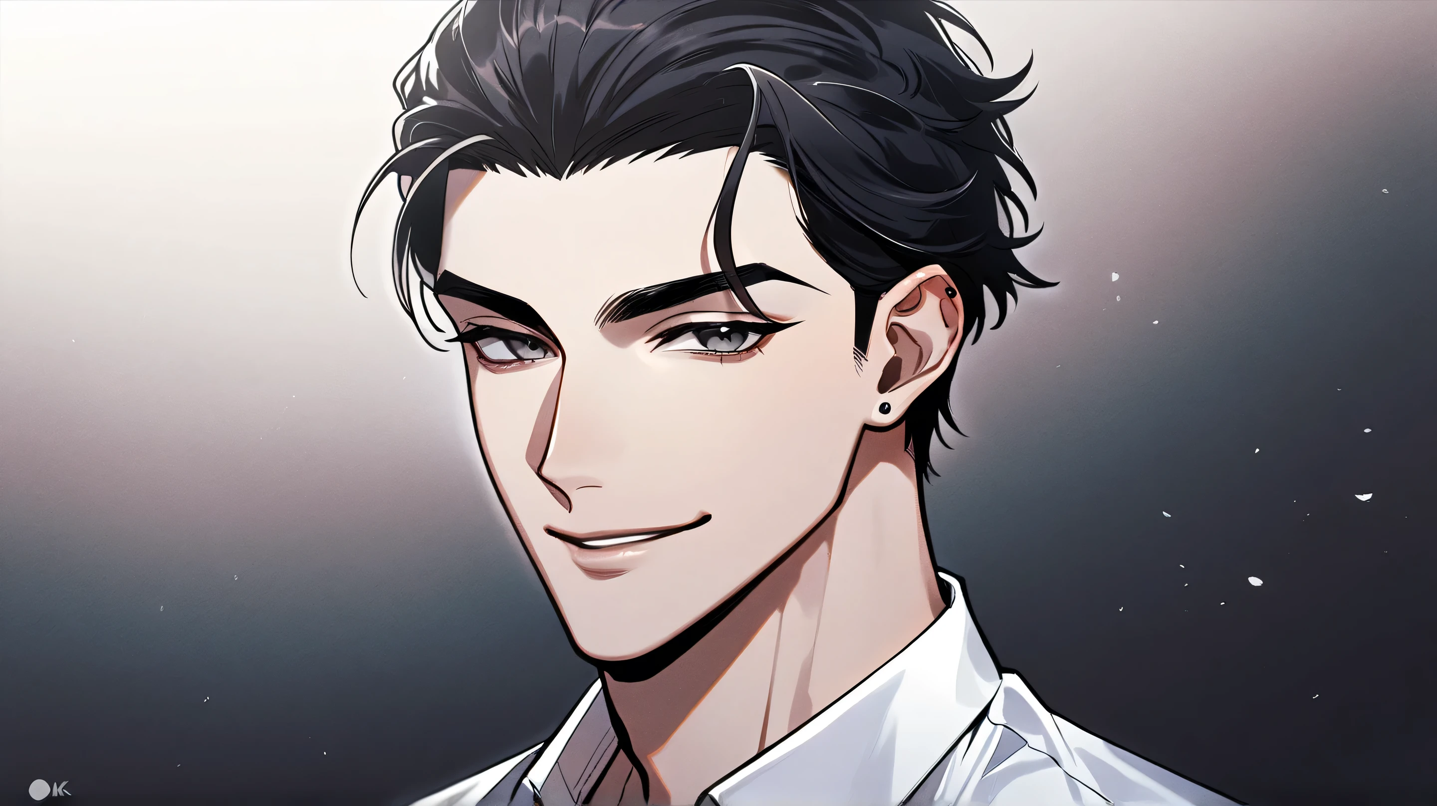 ((perfect face structure)), (1male), Best Quality 4K Artwork, a tall guy, stark, Bad Boy Vibe, Short and Stylish dark Hair, dark grey eyes, Wear Black, Young and Extremely Beautiful, ((solo)), (adult male), (manhwa), (handsome), mafia, white shirt, (muscle), thin eyes, hot guy, ((hair slicked back)), ((smirk smile)), dark background, perfect eyes, (piercing eyes)