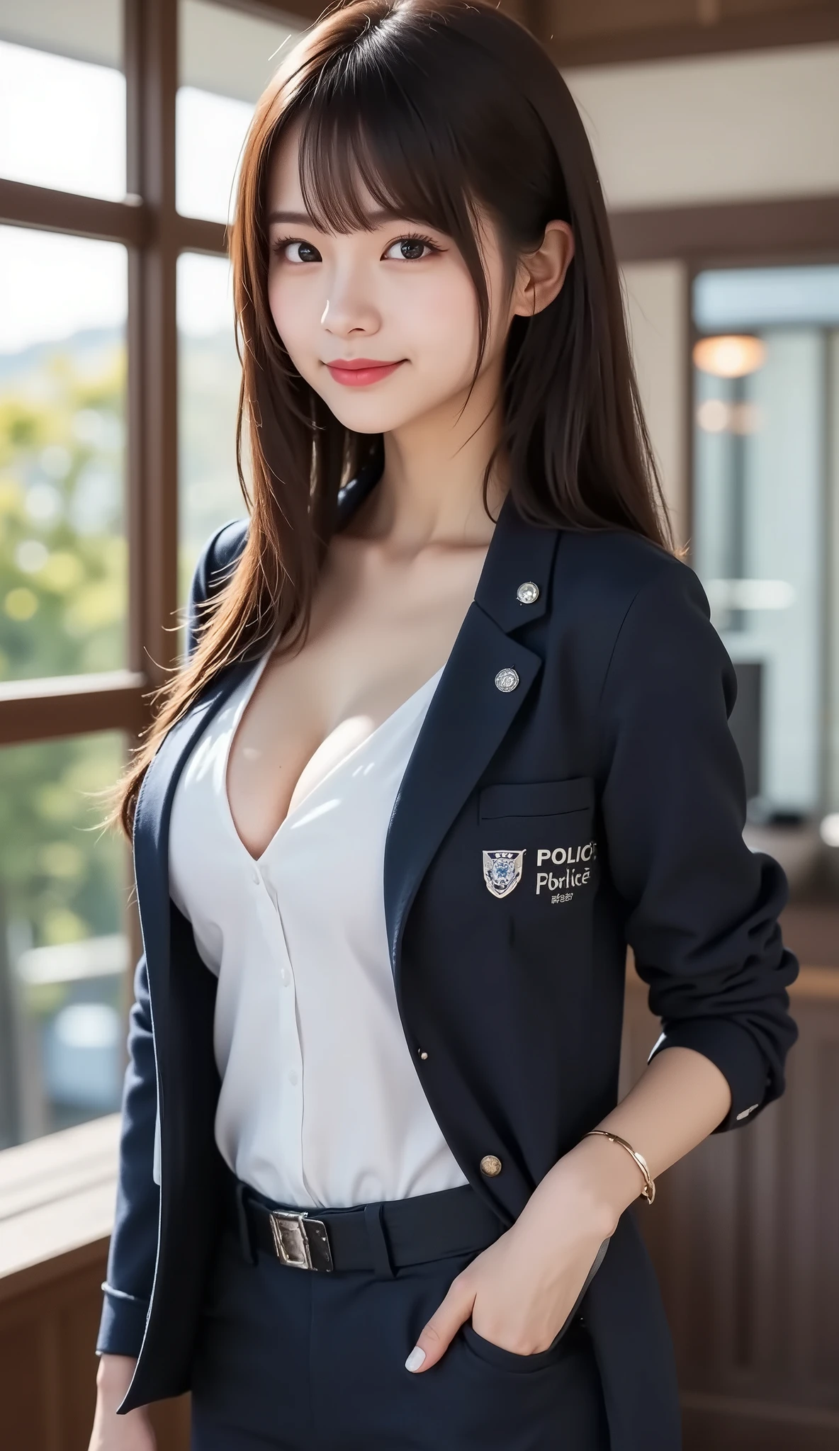 (A state where her face is accurately positioned in the center of the image : 1.5), (upper breast : 1.5), (Police Officer : 1.4), (Glass office : 1.5), curly long hair、bangs, smile, young and cute japanese face , Official Art, high image quality CG Unity 8k wallpaper,Ultra high image quality , very well detailed, high image quality , FILM GRAIN , lens flare glow , Highest quality ,8k, as a portrait shot ,8k, viewer , (( masterpiece)), (( Highest quality )), ( very well detailed), (( it's cute )), (( sexy)), (( very well detailedな)), ( Detailwear Features ), ( beautiful), 's illustration , beautiful Japanese woman, (( ladies 1 )), (Tight Chest : 1.3)