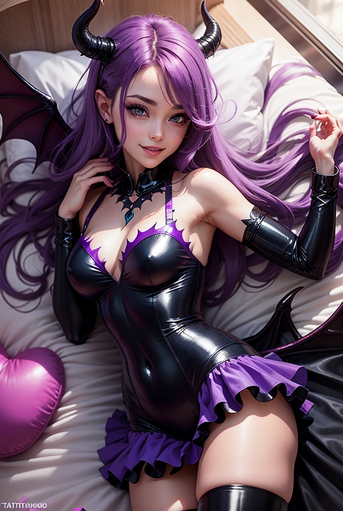 Create a logo of an anime girl with purple hair and vampire wings and write Mari Lovers highlighted.