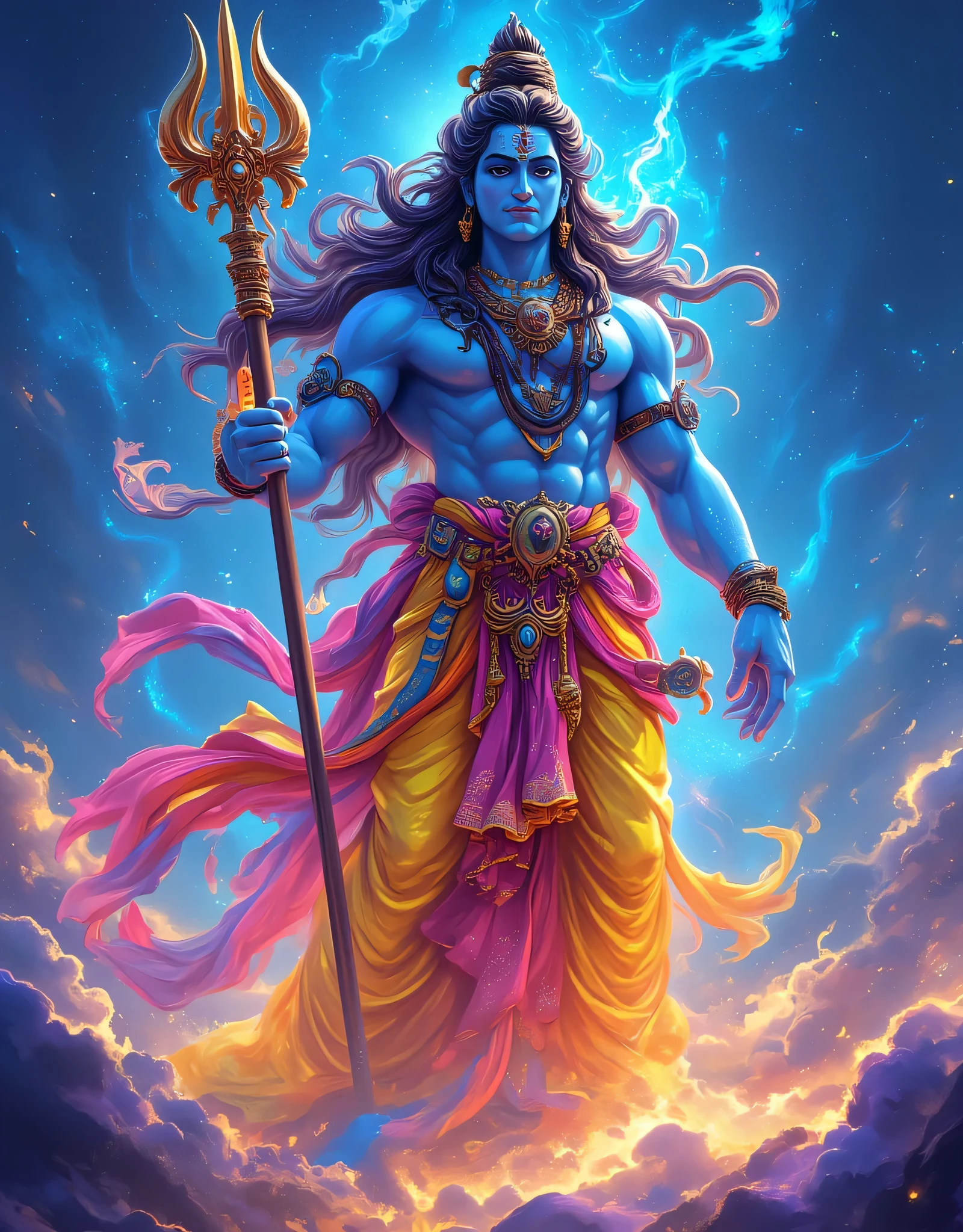 An illustration of tall and muscular Lord shiva who has head up, whose floating clothes are merging into the universe, his clothes are getting blended into the universe ((clothe blends)), (long matted hair, blue skinned, rudraksh mala, yellow and pink attire)), (( snake in his neck)) ((snake coiled in his neck))) , holding his trident, shot taken from high level, high angle, from the top of the head, floating in the universe, hyper details, illustration, mind blowing artwork, professional finger and hands((uhd)) ((perfect face))) ((perfect hands))) (((handsome face)) ((perfect anatomy)) (((perfect body posture))) ((( close up)))