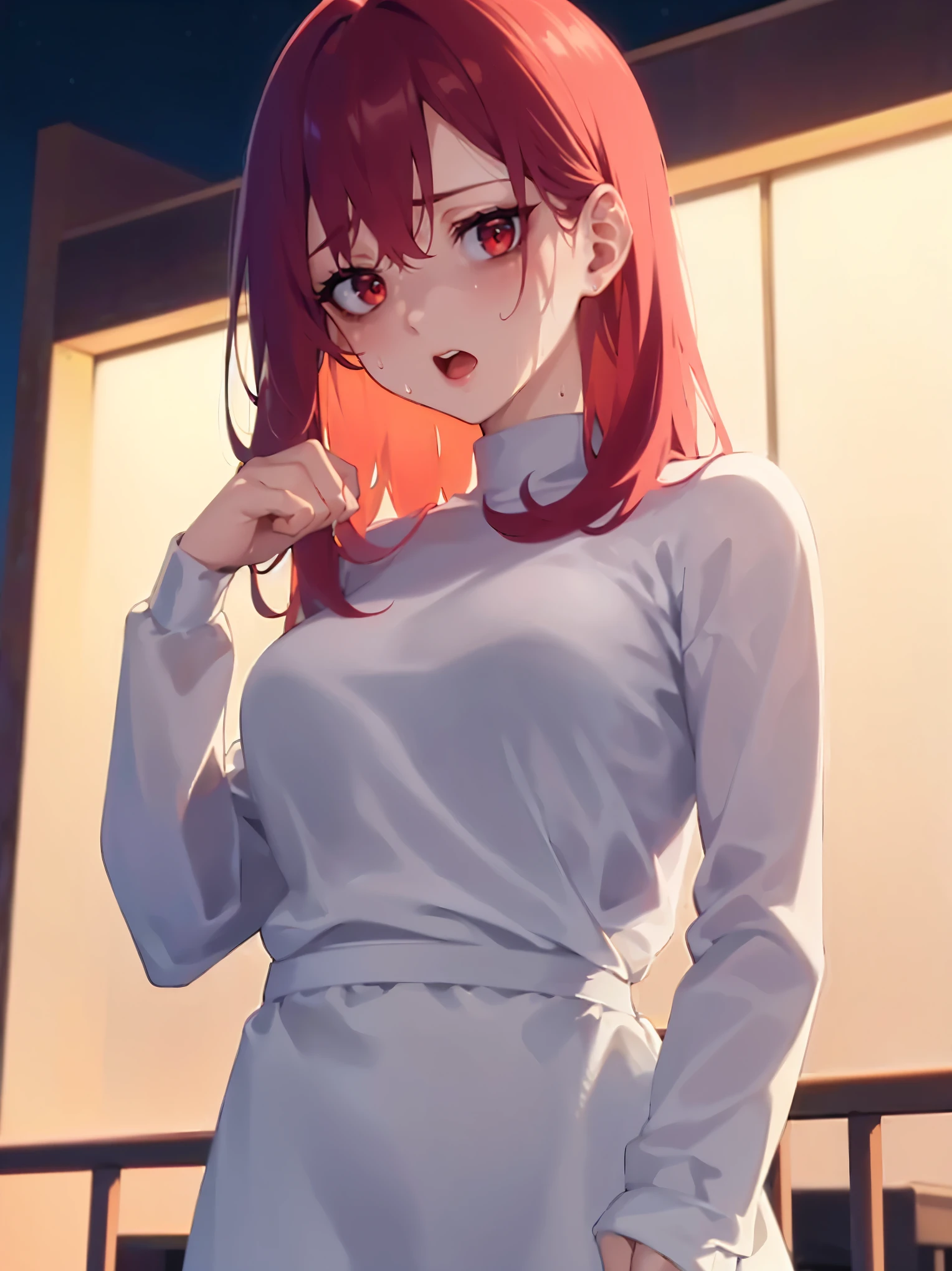 (surprised:1.1), open mouth, (sweat:1.2), standing, (at night:1.5), hand up, masterpiece, best quality, detailed, Masterpiece, Great detailed pictures upper body, (pale skin: 1.2), shiny skin, shiny hair, (25-year-old woman) and (medium hair) and (red hair) and (red eyes), (white) and (long sleeve dress), in the park, alone,
