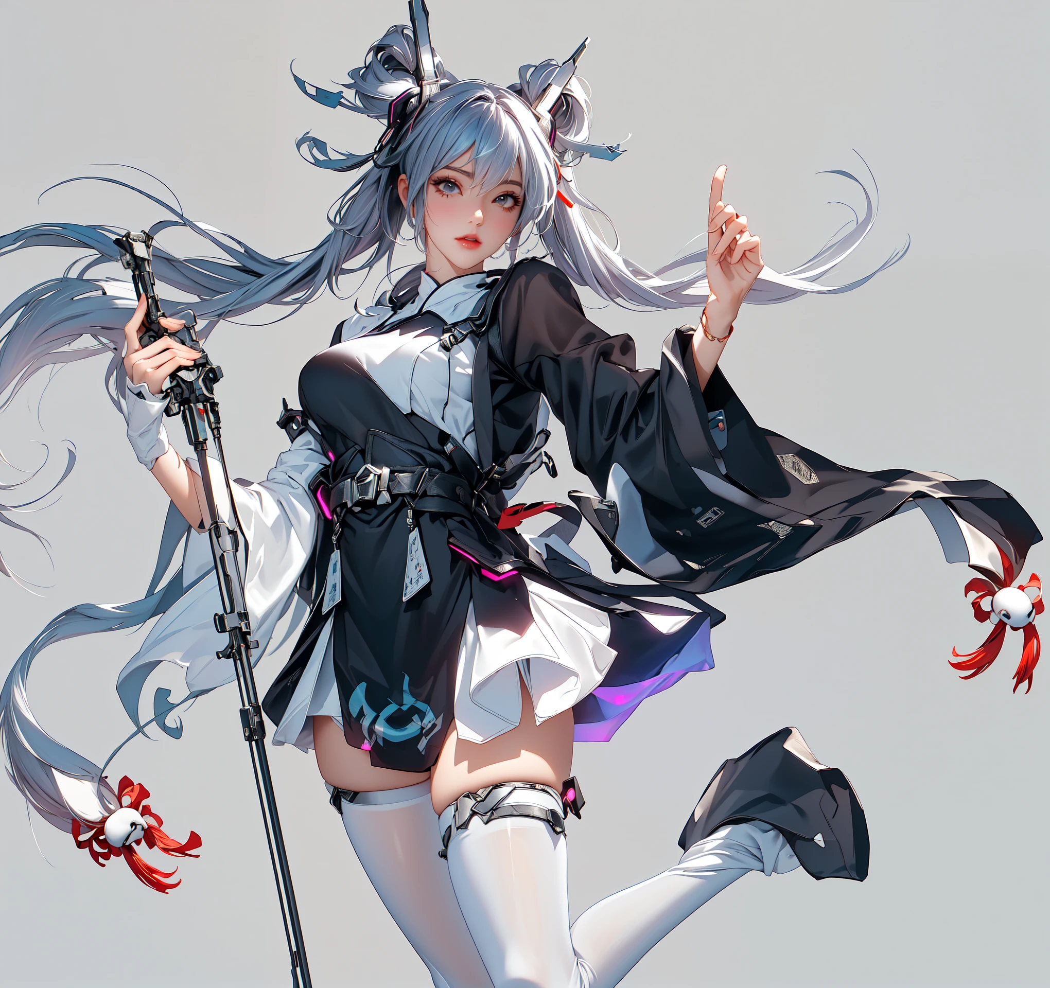 Beautiful woman , perfect anime face , double ponytail, Hatsune Miku , Chinese style, Ancient Chinese elements, robe, white stockings, cyberpunk, best texture , transparent sleeves, Holographic projection, cyberpunk, Real lighting , cinematic rendering, ( of the highest quality,4K, 8,000,high resolution, masterpiece:1.2), (Carefully designed, high detail, masterpiece, best quality, Ultra HD)