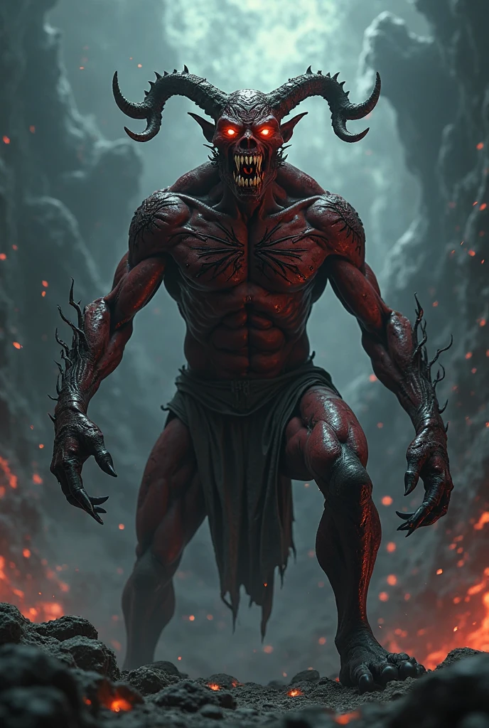 (Satanic Monster:1.2) | (man) | (deformed body) | (gray and red skin, full body, ultra realistic, 4k, detailed, in hell