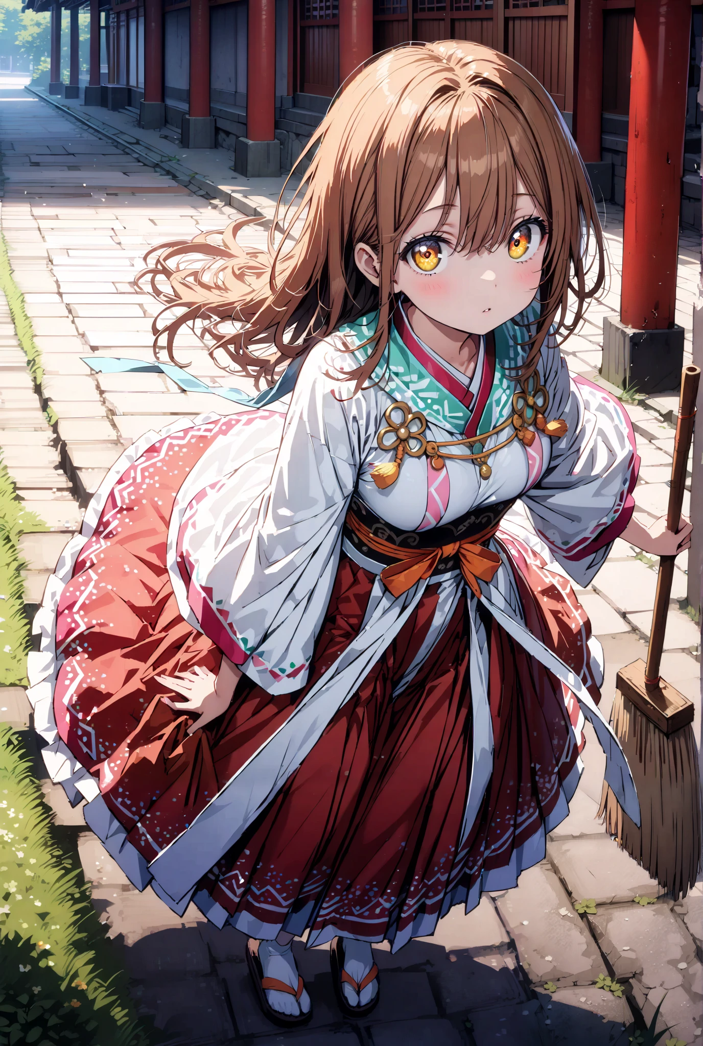  score_9,  score_8_up,  score_7_up,  source_anime, Hanamaru Kunikida,  long hair, bangs, brown hair, yellow eyes all the way to the tip, shrine maiden costume, white kimono , white socks,Sandals,Red Hakama,holding the broom grip with both hands,I'm cleaning the stairs with a broom,noon,full bodyがillustrationsに入るように,                                               break outdoors, shrine,
break looking at viewer,full body,
break (masterpiece:1.2), Highest quality, High Resolution,  Unity 8K Wallpaper , (illustrations:0.8), (beautiful detailed eyes:1.6), Highly detailed faces,   perfect lighting , extremely detailed CG, (perfect hands, perfect anatomy),