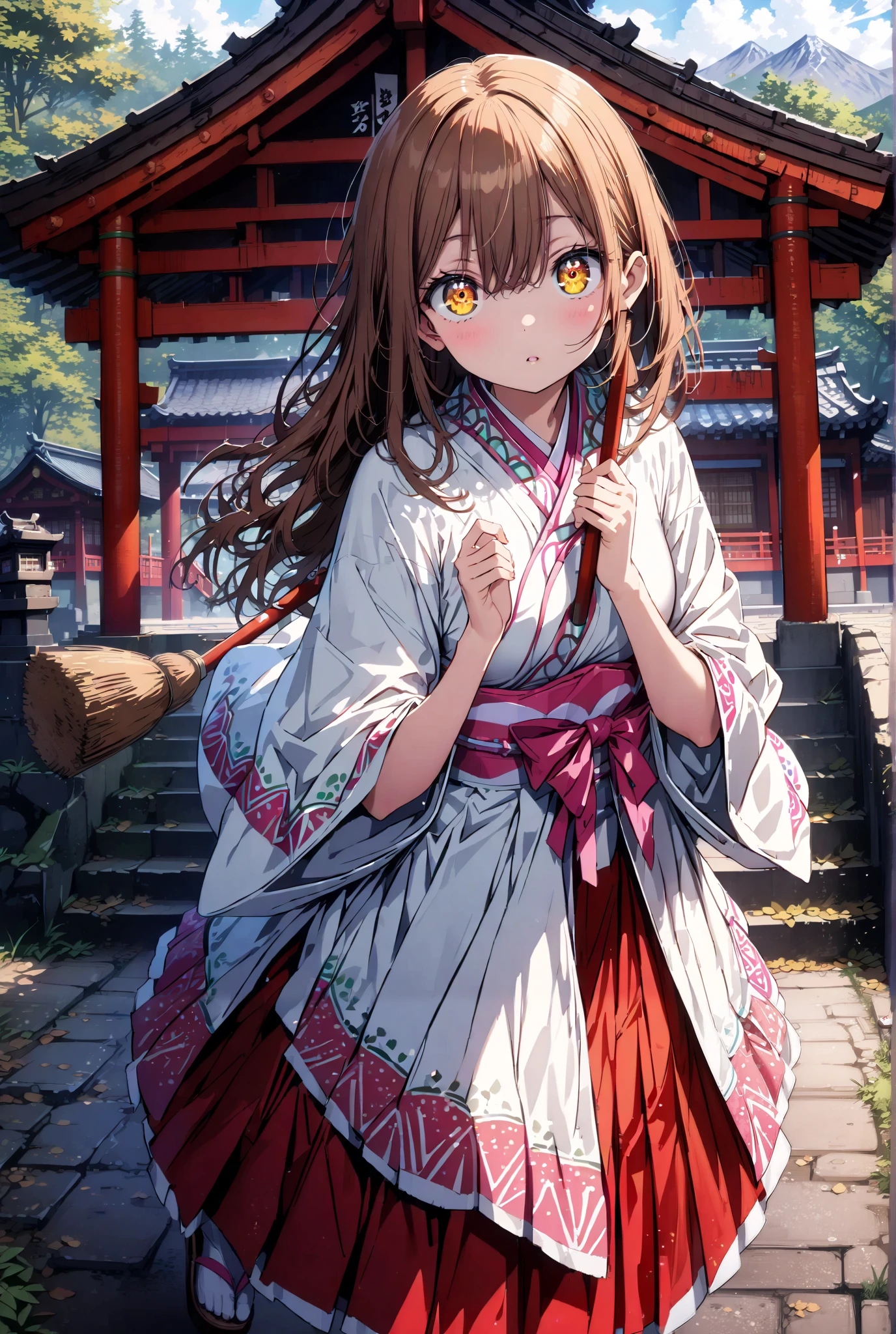 score_9, score_8_up, score_7_up, source_anime, Hanamaru Kunikida, long hair, bangs, brown hair, yellow eyes all the way to the tip, shrine maiden costume, white kimono , white socks,Sandals,Red Hakama,holding the broom grip with both hands,I'm cleaning the stairs with a broom,noon,full bodyがillustrationsに入るように, break outdoors, shrine,
break looking at viewer,full body,
break (masterpiece:1.2), Highest quality, High Resolution, Unity 8K Wallpaper , (illustrations:0.8), (beautiful detailed eyes:1.6), Highly detailed faces, perfect lighting , extremely detailed CG, (perfect hands, perfect anatomy),