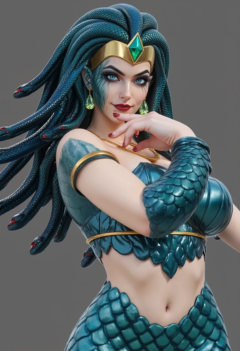 ((best quality)), ((masterpiece)), ((realistic)), beautiful Medusa, full body (snake tail), ((hair is composed of countless small snakes)), green eyes, beautiful female face , metal carved top, metal chain, trend on artstation, sharp focus, studio photo, intricate detail, very detailed, detailed eye, illustration, very detailed, sharp focus, digital render, professional, 4k