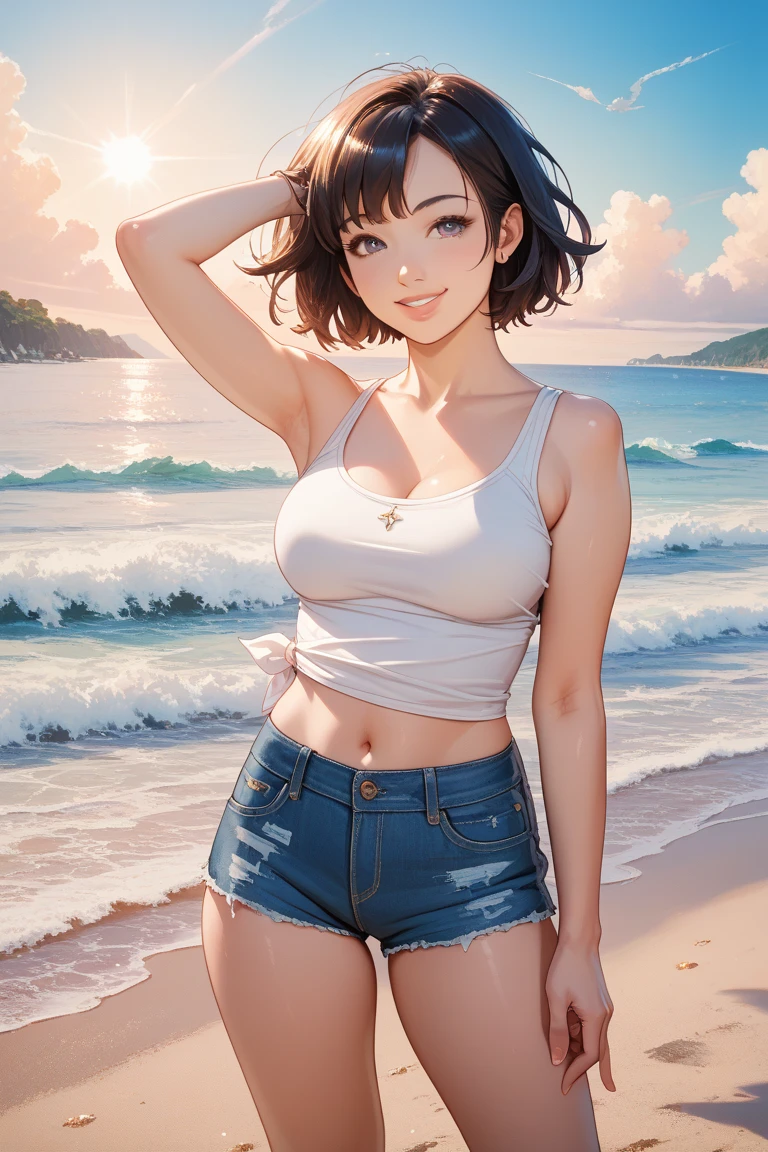 (Masterpiece, Best Quality, Highres:1.4), Detailed, Intricate Details, 4K,
color splashes, line art, art, fibonacci,1 girl, black hair, short hair, multi-colored hair, black camisole, crop top, midriff, navel, short shorts denim, bikini, tanning Mark, smile, smirk, landscape, beach, tongue out, waving hand, v-sign, sun light, waving hair