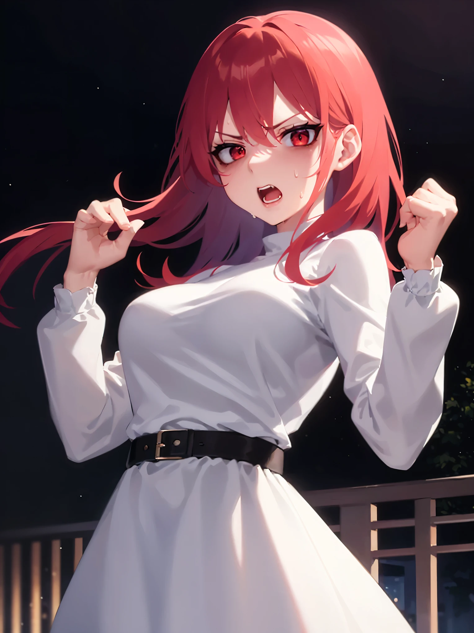 (angry:1.1), open mouth, (sweat:1.2), standing, (at night:1.5), hands up, clenched fist,, masterpiece, best quality, detailed, Masterpiece, Great detailed pictures upper body, (pale skin: 1.2), shiny skin, shiny hair, (25-year-old woman) and (medium hair) and (red hair) and (red eyes), (white) and (long sleeve dress), in the park, alone,