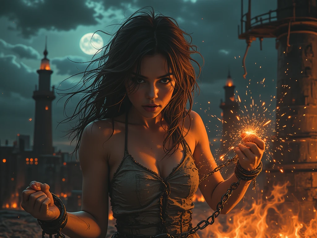 1girl, Cute Face, Sexy Body, background fire thunderstorm in the city of the future, Kaiju in Background, Masterpiece, ultra real, 4K quality, Ultra Detailed, looks at the viewer, real 3D.