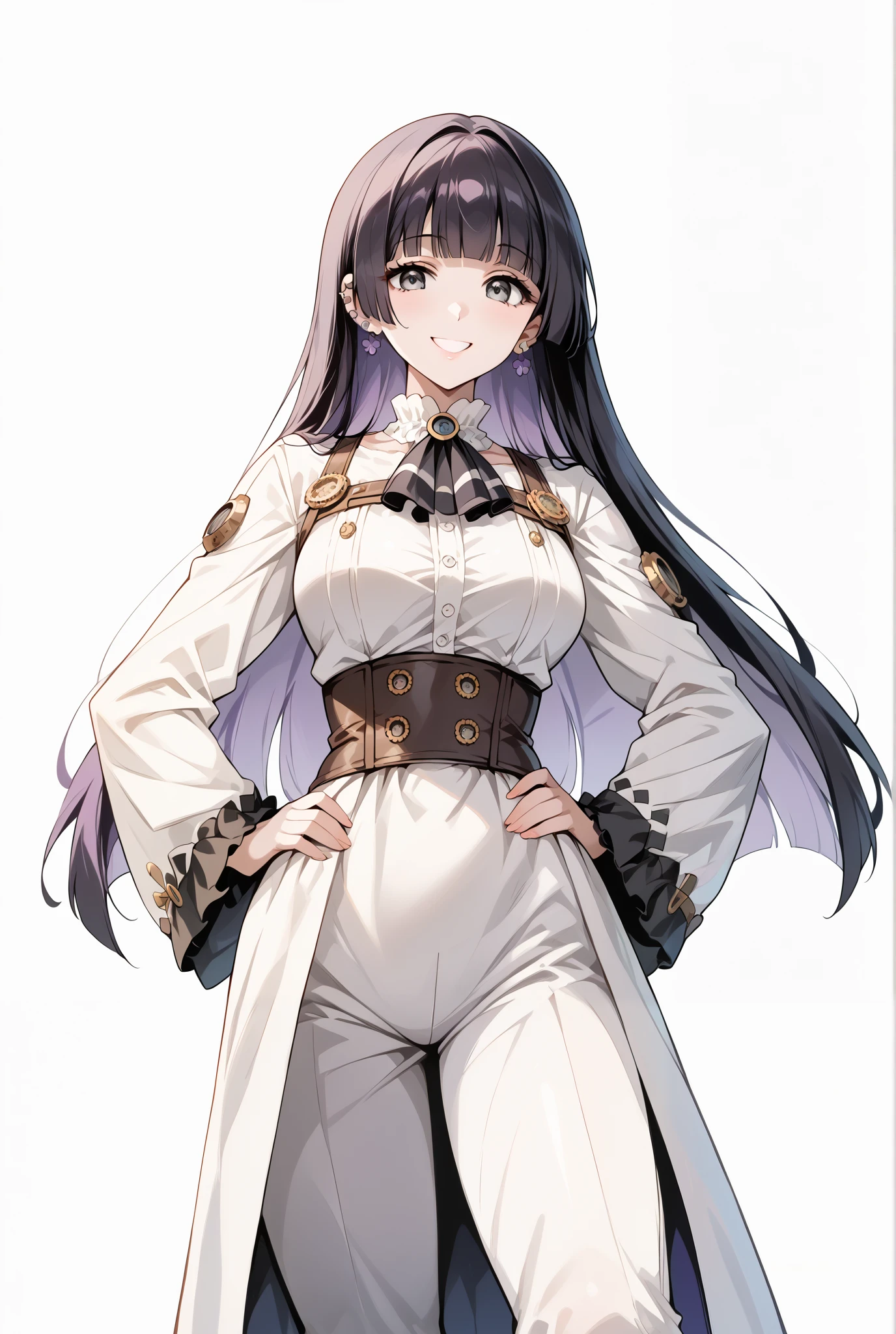 score_9, score_8_up, score_7_up, source_anime, 4K,perfect fingers,(perfect hands, perfect anatomy),prefect lighting, very aesthetic, intricate details,highly detailed background, masterpiece, high quality, best quality,
1girl,solo,pasan, pasan, black hair, blunt bangs, blunt ends, chin piercing, colored inner hair, ear piercing, grey eyes, hime cut, long hair, medium bangs, multicolored hair, piercing, purple hair, mature female, large breast,
wearing ((steampunk design, )),,
((White plain background:1.5)) , looking at viewer, smile,((hand on hip:1.5)), (perfect hands, perfect anatomy),cowboy shot, filed, high thigh individual , fullbody,Stand up,((front look:1.5)),