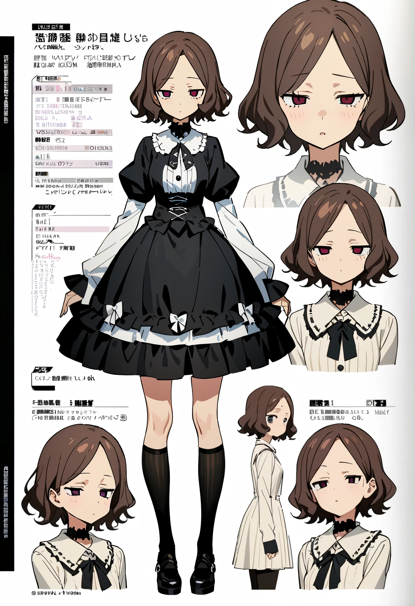girls on the left, ebizuka tomo,front,Dead Eyes,Gothic ta,Masterpiece , Highest quality , character design sheet,Front , Three Views ,is tall,Facing Front