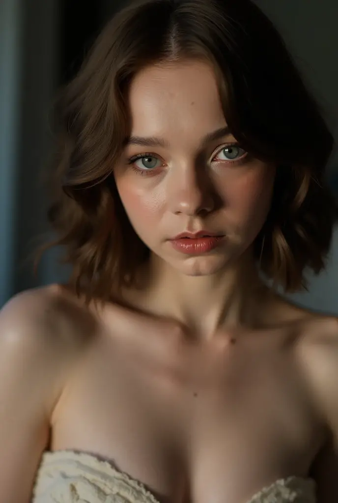 young brunette woman, Sophia Lillis, extra pale skin, freckles, dramatic lighting with shadows, eyeshadow and eyeliner, dark lipstick, naked