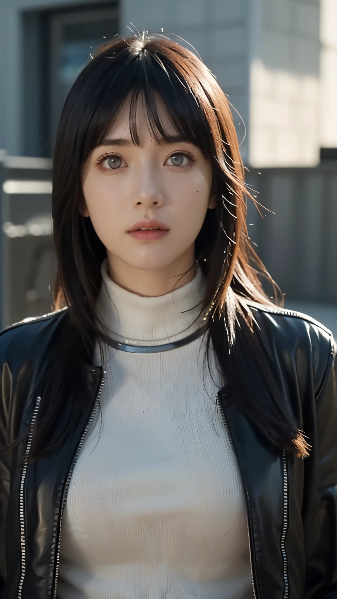 Highly detailed and ultra-realistic portrait of hyuga hinata from the anime naruto shippuden with long flowing black hair and white eyes (byakugan). Her skin is smooth and radiant, reflecting soft natural light. He wore a modern and stylish black leather jacket with a white turtleneck sweater. The background is a blurry cityscape with warm, shining light, creating a cinematic atmosphere. The image has a high level of detail in texture, such as individual strands of hair and folds of fabric. The lighting is dramatic yet natural, enhancing realism while maintaining the character's anime-inspired beauty