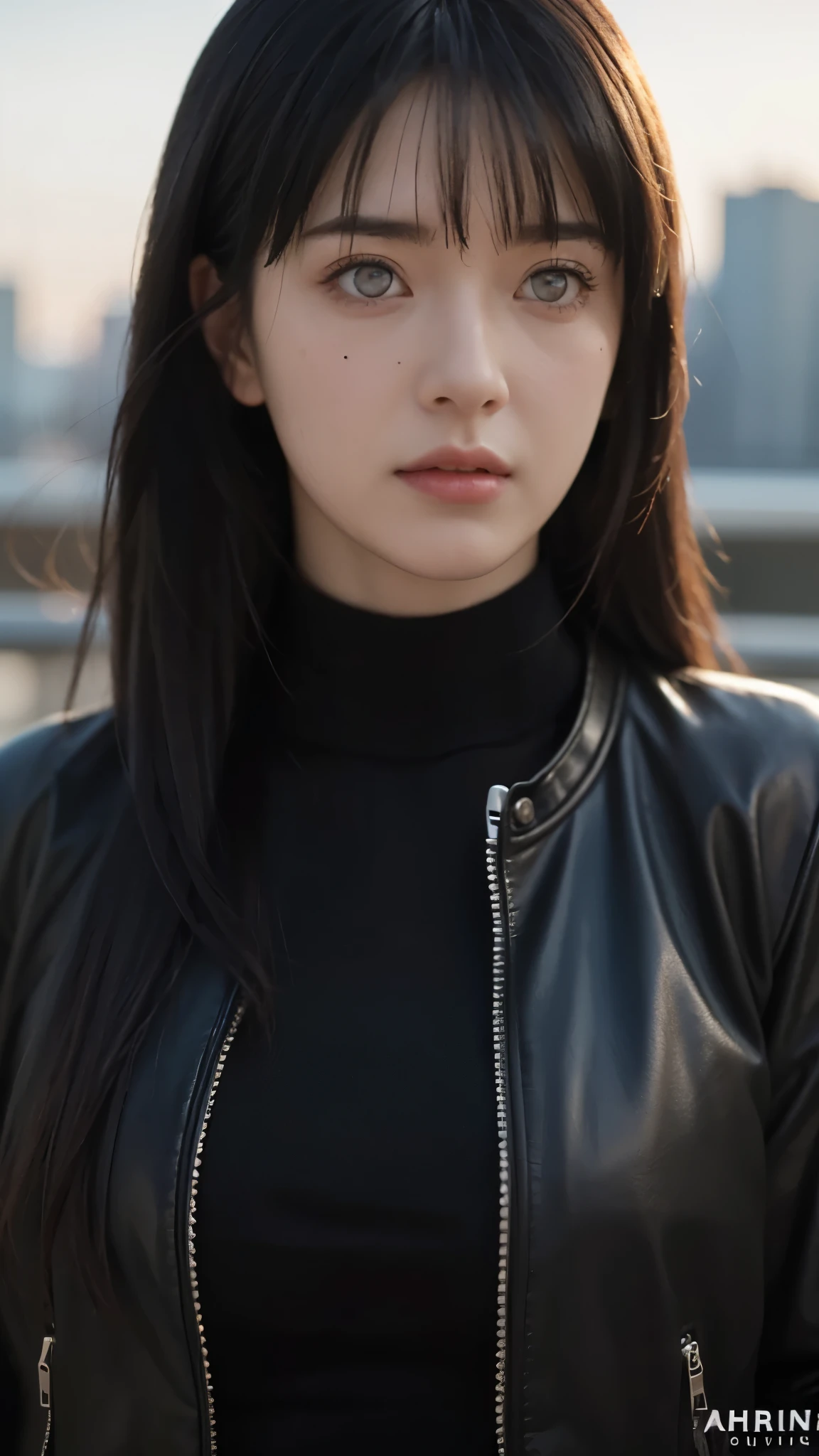 Highly detailed and ultra-realistic portrait of hyuga hinata from the anime naruto shippuden with long flowing black hair and white eyes (byakugan). Her skin is smooth and radiant, reflecting soft natural light. He wore a modern and stylish black leather jacket with a white turtleneck sweater. The background is a blurry cityscape with warm, shining light, creating a cinematic atmosphere. The image has a high level of detail in texture, such as individual strands of hair and folds of fabric. The lighting is dramatic yet natural, enhancing realism while maintaining the character's anime-inspired beauty
