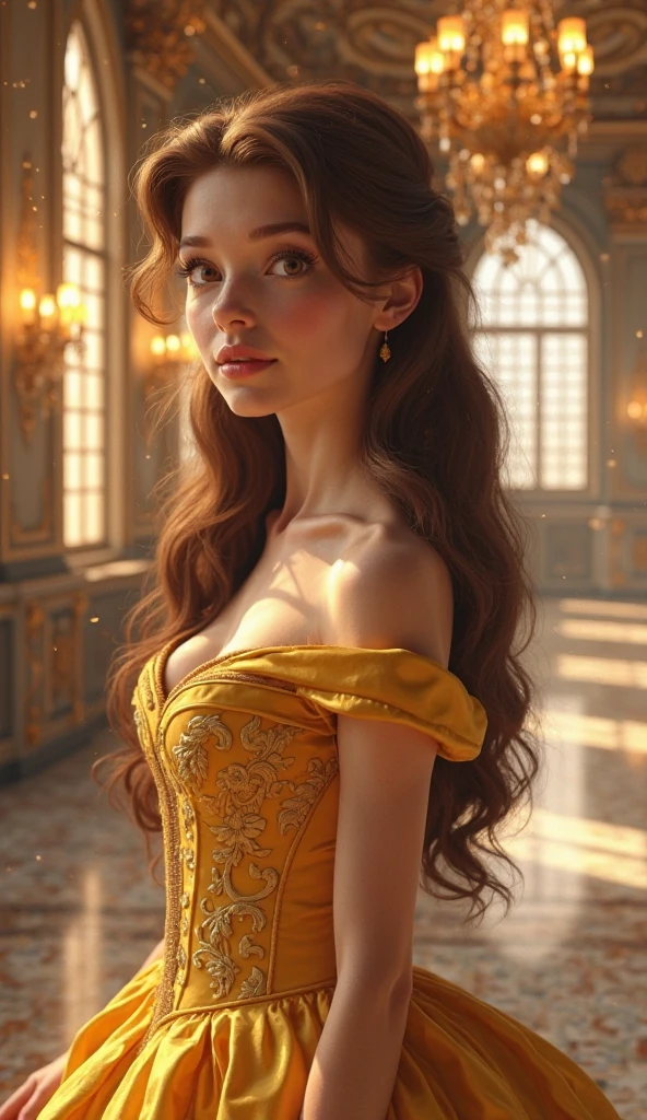 Belle from "Beauty and the Beast," a timeless Disney character known for her beauty, intelligence, and compassionate nature. She has luscious chestnut brown hair cascading down her back, complementing her enchanting hazel eyes. She wears an elegant yellow ballgown, adorned with intricate details and a flowing skirt. The setting is a grand ballroom, bathed in soft candlelight, creating a romantic atmosphere. The camera captures Belle in a wistful pose, capturing her essence of curiosity and strength.