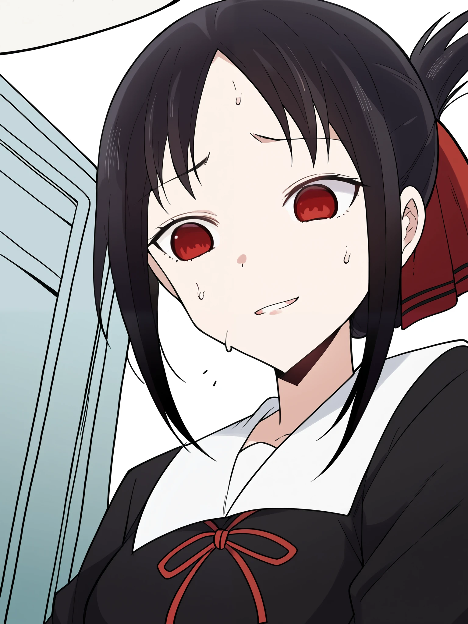 score_9, score_8_up, score_7_up, source_anime,
Kaguya-shinomiya, Kaguya-sama wants to tell, short hair, bangs, black hair, red eyes, hair ribbon, side lock, folded ponytail, parted bangs, A little sweat, Awkward smile、parted lips,
Long Sleeve, black uniform, white sailor color, Red ribbon, Neck ribbon, Shuuchiin Academy Uniform, first-person perspective, looks, viewed from below、Nurse's Office Background、