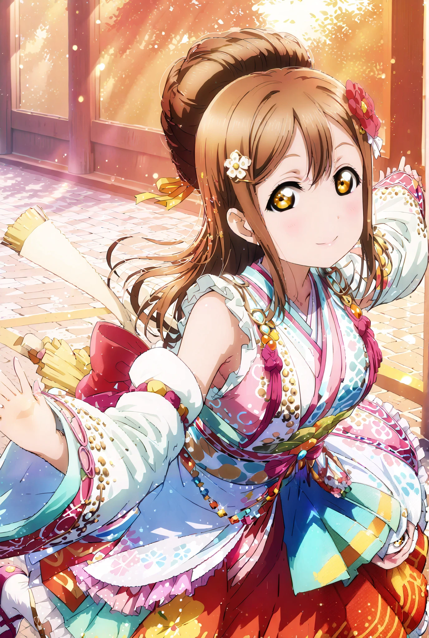 score_9, score_8_up, score_7_up, source_anime, Hanamaru Kunikida, long hair, bangs, brown hair, yellow eyes all the way to the tip, shrine maiden costume, white kimono , white socks,Sandals,Red Hakama,holding the broom grip with both hands,I'm cleaning the stairs with a broom,noon,full bodyがillustrationsに入るように, break outdoors, shrine,
break looking at viewer,full body,
break (masterpiece:1.2), Highest quality, High Resolution, Unity 8K Wallpaper , (illustrations:0.8), (beautiful detailed eyes:1.6), Highly detailed faces, perfect lighting , extremely detailed CG, (perfect hands, perfect anatomy),