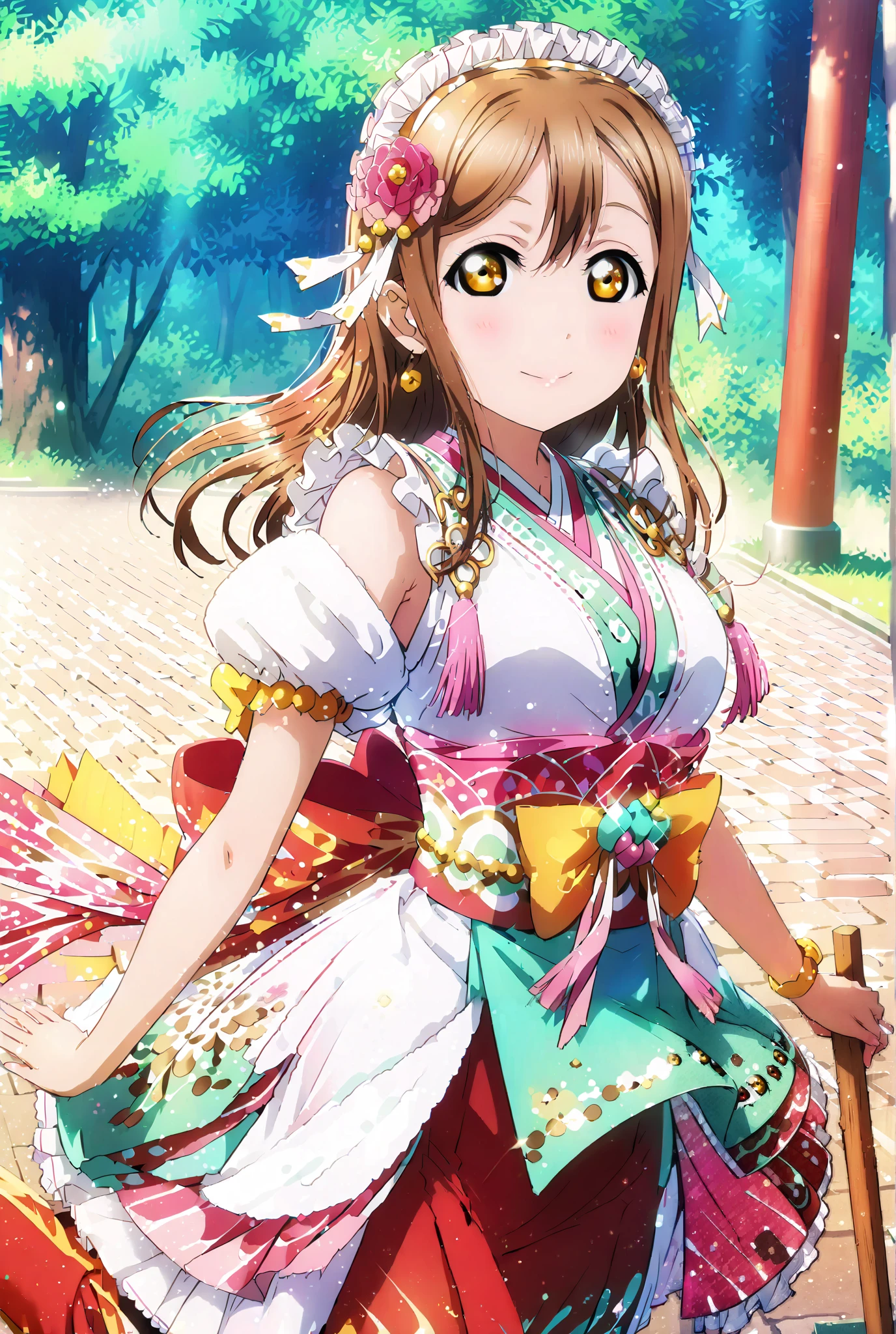 score_9, score_8_up, score_7_up, source_anime, Hanamaru Kunikida, long hair, bangs, brown hair, yellow eyes all the way to the tip, shrine maiden costume, white kimono , white socks,Sandals,Red Hakama,holding the broom grip with both hands,I'm cleaning the stairs with a broom,noon,full bodyがillustrationsに入るように, break outdoors, shrine,
break looking at viewer,full body,
break (masterpiece:1.2), Highest quality, High Resolution, Unity 8K Wallpaper , (illustrations:0.8), (beautiful detailed eyes:1.6), Highly detailed faces, perfect lighting , extremely detailed CG, (perfect hands, perfect anatomy),