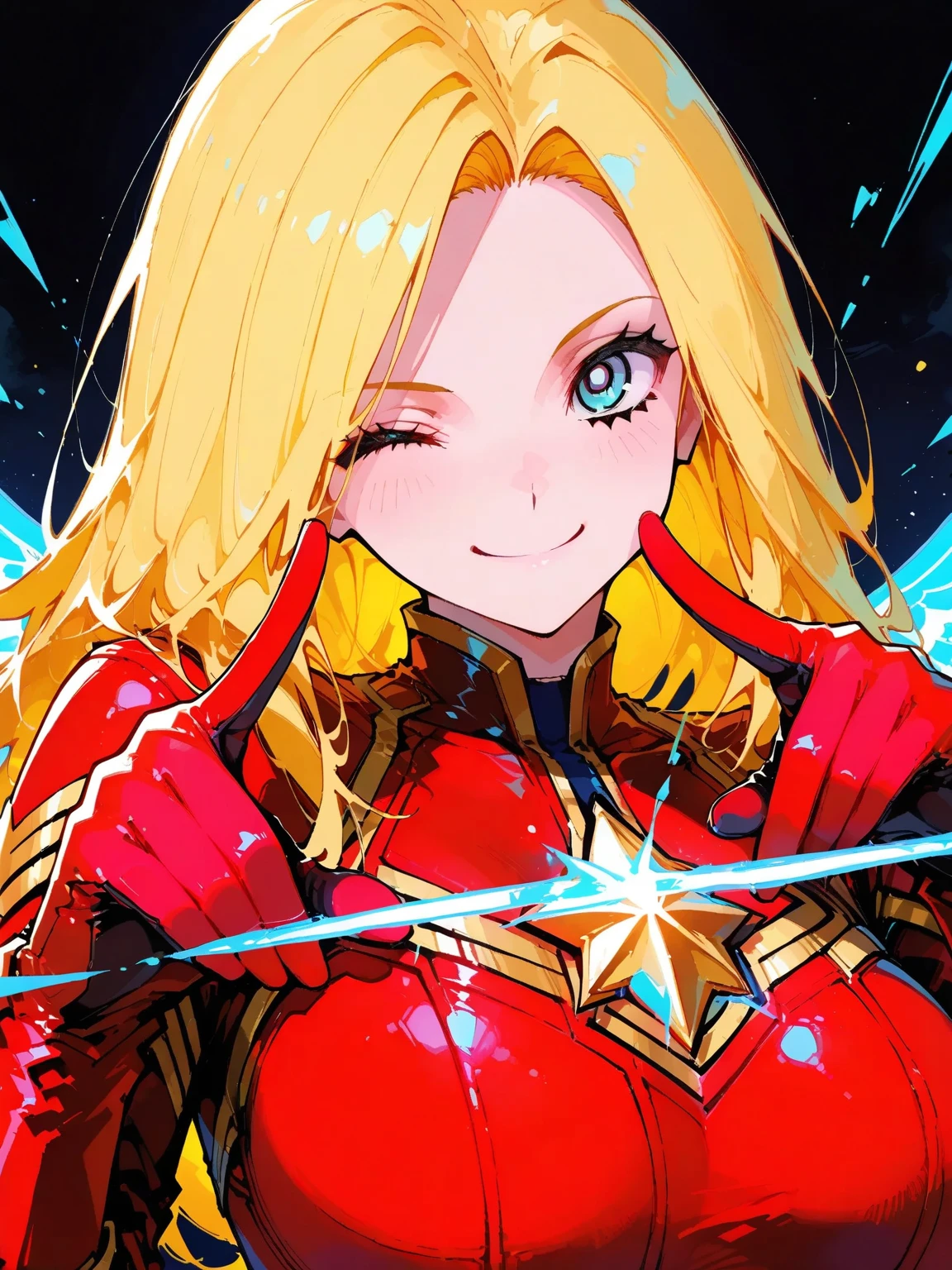 (masterpiece, best quality, ultra detailed, absurdres)1.5, 1girl, (sexy, beautiful woman, perfect face, perfect eyes, perfect female body)1.5, (, wavy hair, long hair, blonde hair, red eyes, mature female, milf, v-shaped eyebrows, red lips, extremely detailed clothes, smile, red elbow gloves, red thigh boots, red impossible clothes, red/black cape,very detailed, depth of fields。Create depth with atmospheric lighting,wide wide shot,detail,(Hyper-detailing),(Complicated details),(High resolution CGI artwork 8k),space, lens flare, mechas,AliciaViewstream,
