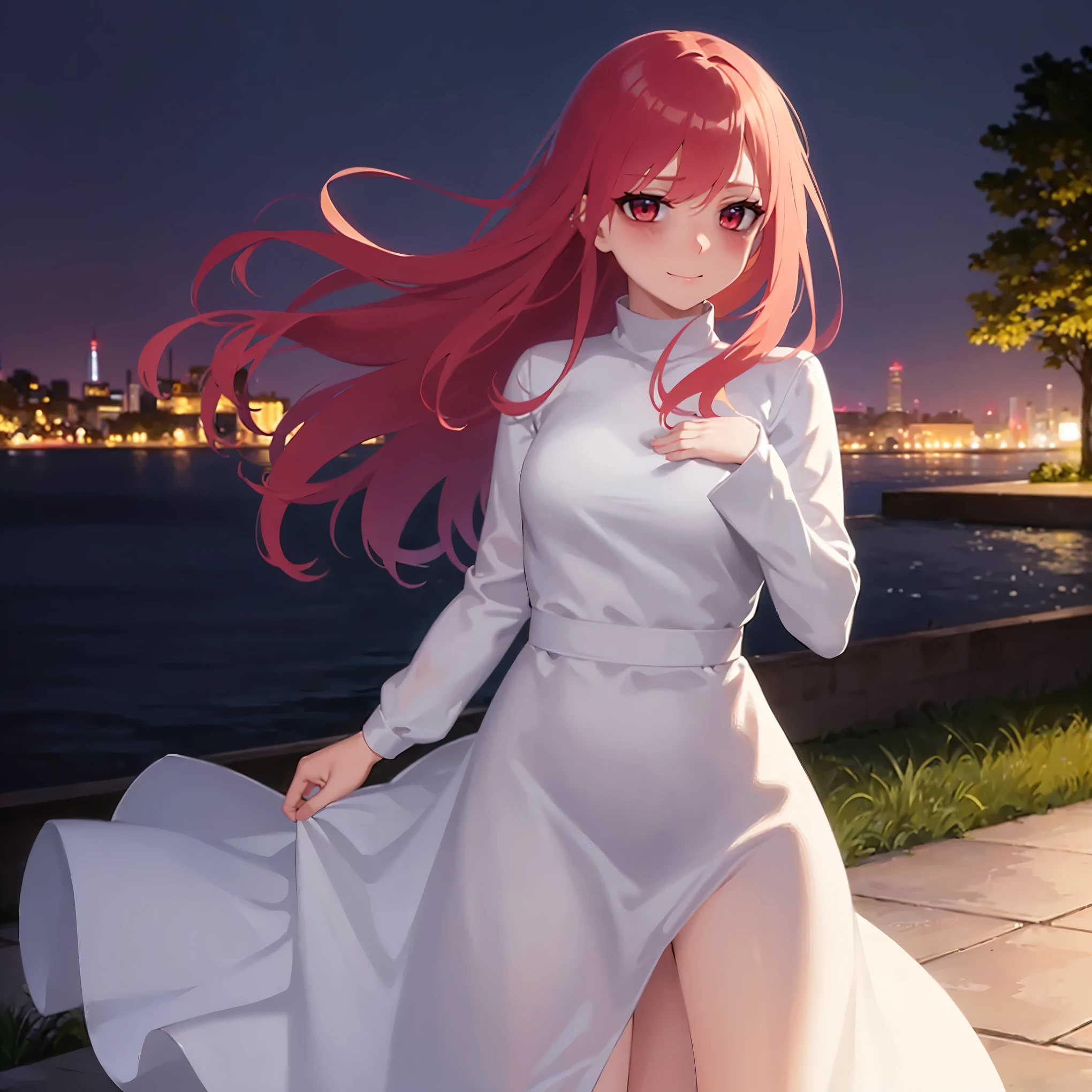 smile, (embarrassed:1.3), (blush:1.3), standing, (at night:1.5), hands on own chest, clenched fist,, masterpiece, best quality, detailed, Masterpiece, Great detailed pictures upper body, (pale skin: 1.2), shiny skin, shiny hair, (25-year-old woman) and (medium hair) and (red hair) and (red eyes), BREAK (white) and (long sleeve dress) BREAK in the park, alone,