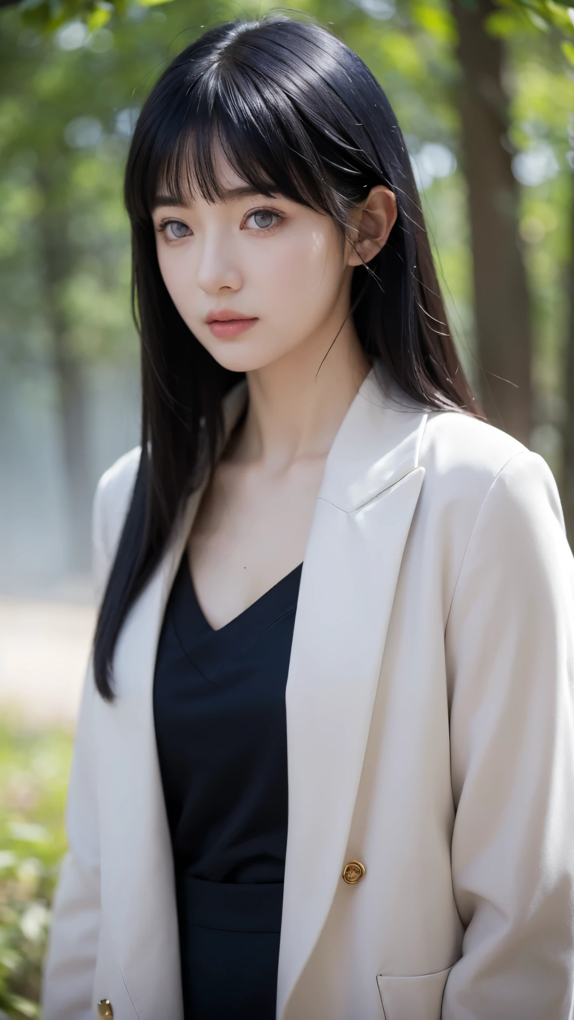 "A highly detailed, ultra-realistic portrait of a young woman inspired by Hyuga Hinata from Naruto Shippuden. She has long, silky dark blue hair with straight bangs framing her delicate face. Her pale lavender eyes, reminiscent of the Byakugan, give her a mysterious yet gentle expression. She wears a soft lavender and cream-colored jacket with a high collar, layered over a dark blue form-fitting top. The background features a misty forest with soft sunlight filtering through the trees, adding a serene and mystical atmosphere. Her expression is calm and kind, exuding warmth and quiet strength."