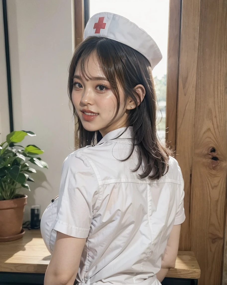 (highest quality、8k、Best image quality)、woman, 20-year-old, Short black wavy hair、((Wearing a white nurse's uniform:1.5))、((Wearing a tight white skirt:1.5))、((Are thin))、((from the back))、Cute Smile、((Poses that accentuate the buttocks、looked back))、Sexy Hips、(((Panties are visible)))、Cute Earrings、(Please tilt your head a little)、((Beautiful buttocks in shape))、Small breasts、Beautiful teeth、Squat、((Lace panties with attention to detail))、((Ultra low angle:1.5))