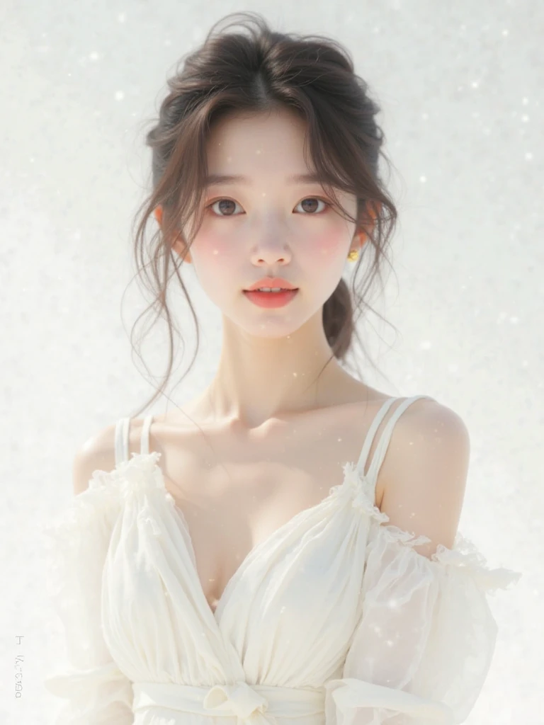 a close-up of a woman in a white dress looking at the camera, pale porcelain white skin, Mulher sul-coreana bonita, Heonhwa Choe, linda mulher coreana jovem, pale milky white porcelain skin, mulher coreana jovem bonita, pale fair skin!!, lindo rosto delicado, with pale skin, ivory pale skin, Ulzzang, Jinyoung Canela, Lee Ji - Eun