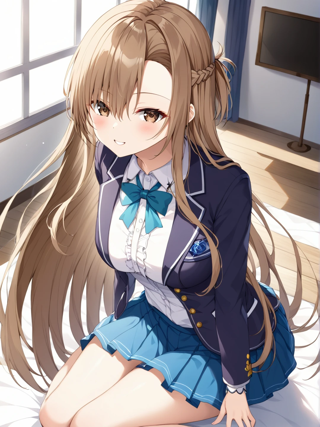 Minami Kotori、lovelive 、share indirect write、One girl in a mini skirt, Sit with your legs wide apart、A seductive smile、Looking down at the viewer, Plump thighs, Highest quality, Focus on the thighs, Spread your legs wide, smile, blazer, blouse, はだけたblouse、Light green panties、Black knee socks, classroom,,My thighs are steaming between the legs 、Sweaty knee socks、Show the soles of your feet、Sweaty feet、Stain on the pussy line of panties