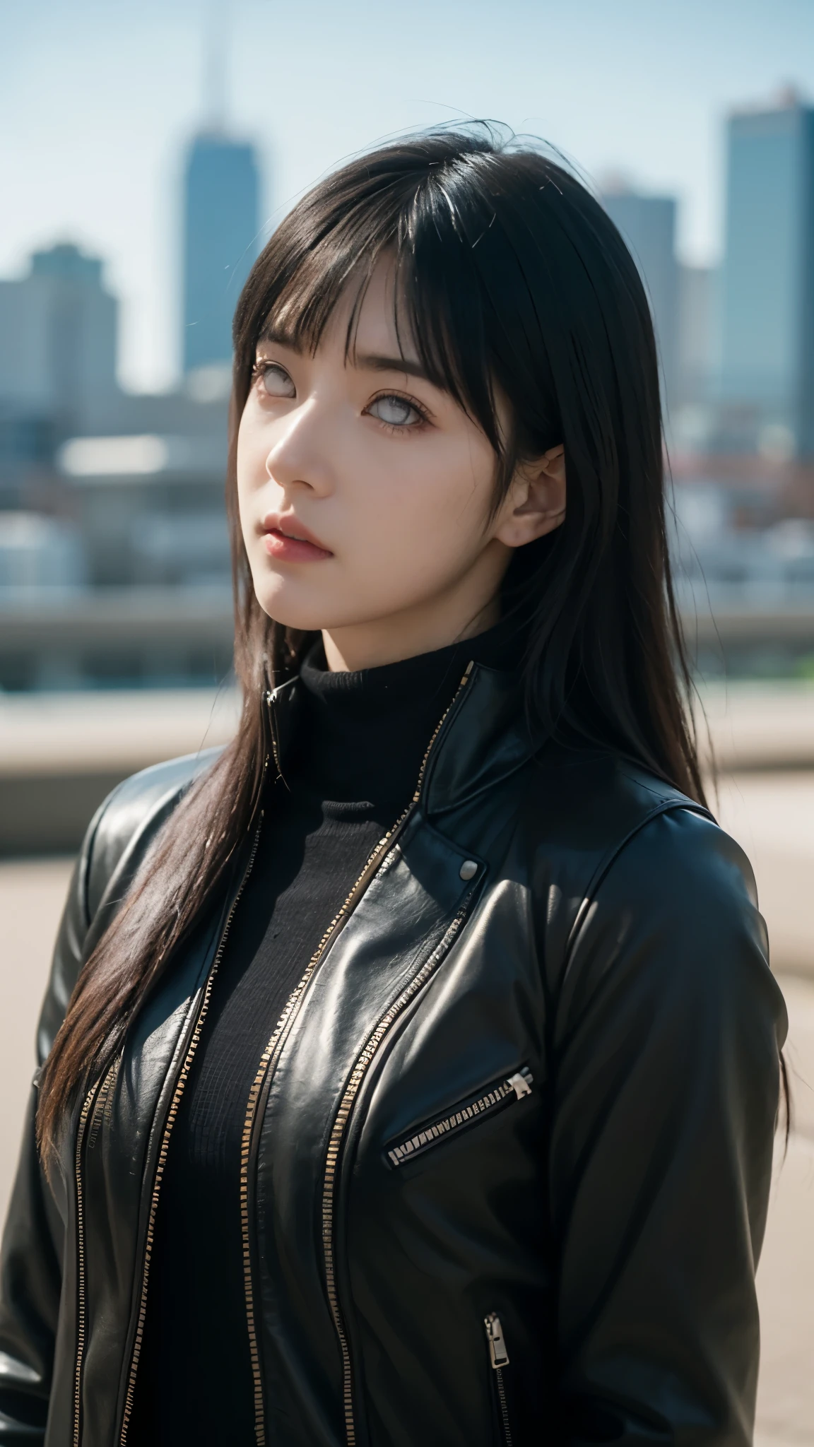 Highly detailed and ultra-realistic portrait of hyuga hinata from the anime naruto shippuden with long flowing black hair and white eyes (byakugan). Her skin is smooth and radiant, reflecting soft natural light. He wore a modern and stylish black leather jacket with a white turtleneck sweater. The background is a blurry cityscape with warm, shining light, creating a cinematic atmosphere. The image has a high level of detail in texture, such as individual strands of hair and folds of fabric. The lighting is dramatic yet natural, enhancing realism while maintaining the character's anime-inspired beauty