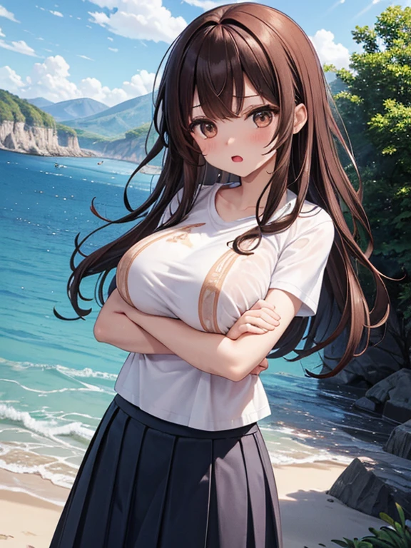 1girl, solo, large breasts, large thighs, brown hair, messy hair, long hair, black raglan sleeves, cuffed shorts, pale skin, brown eyes, standing