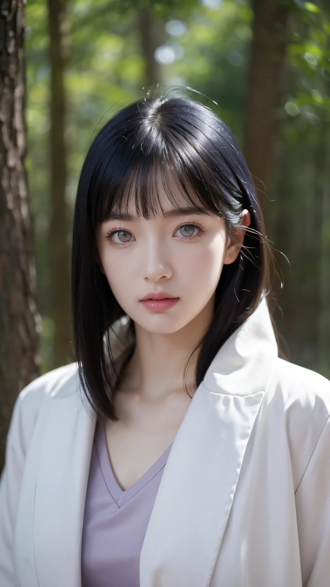 "A highly detailed, ultra-realistic portrait of a young woman inspired by Hyuga Hinata from Naruto Shippuden. She has long, silky dark blue hair with straight bangs framing her delicate face. Her pale lavender eyes, reminiscent of the Byakugan, give her a mysterious yet gentle expression. She wears a soft lavender and cream-colored jacket with a high collar, layered over a dark blue form-fitting top. The background features a misty forest with soft sunlight filtering through the trees, adding a serene and mystical atmosphere. Her expression is calm and kind, exuding warmth and quiet strength."