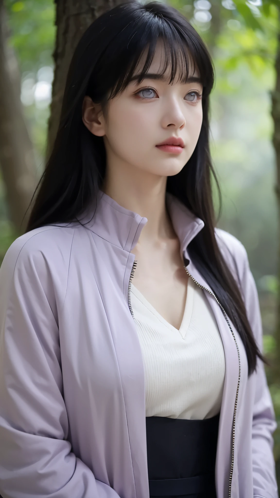"A highly detailed, ultra-realistic portrait of a young woman inspired by Hyuga Hinata from Naruto Shippuden. She has long, silky dark blue hair with straight bangs framing her delicate face. Her pale lavender eyes, reminiscent of the Byakugan, give her a mysterious yet gentle expression. She wears a soft lavender and cream-colored jacket with a high collar, layered over a dark blue form-fitting top. The background features a misty forest with soft sunlight filtering through the trees, adding a serene and mystical atmosphere. Her expression is calm and kind, exuding warmth and quiet strength."