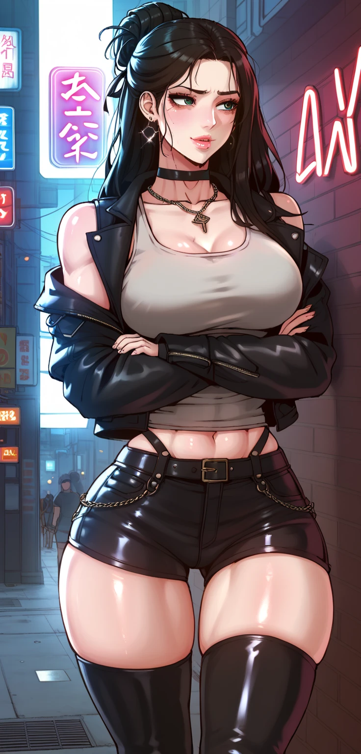 Rendered by pixar, psychopunk-style, 26yo Chinese, (extremely detailed hair), (loose tanktop:1.2), (show navel:1.2), choker, (torn), (micro shorts jeans), detailed (big eyes), dark eyes, (black lips), detailed face, very pale skin, (tattoos:1.2), computer wallpaper style, (masterpiece), best quality, (beautiful lighting), (redraw eyes, expressive eyes, perfect face), (1girl), massive heavy breasts, smirk at viewer, looking at camera, highly detailed background, (dramatic lighting), extremely detailed eyes, (high quality wallpaper), center, beautiful, bright, vivid, dirty Subway Station in background.