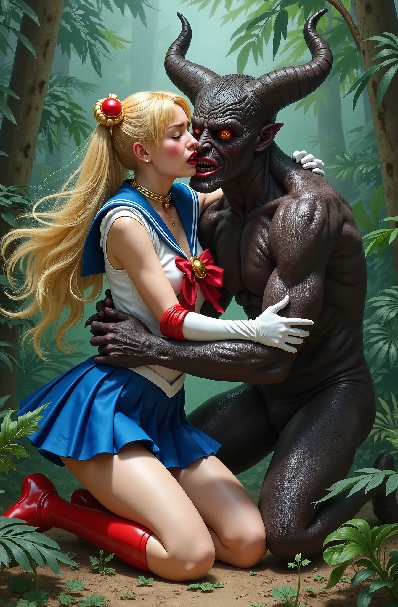 Hyperrealism, masterpiece, highest quality, A young Japanese woman is sitting on the devil lap, ((she is crying and screaming in pain)), painful face, she is wearing a Sailor Moon costume, Blue sailor collar, Blue mini pleated skirt, she is wearing pleated skirt, blue pleated skirt, Long white gloves, shiny beige color pantyhose, red high boots, Exposed thighs, red long boots, big choker, long blonde Hair, a devil is kneeling sexual assault her, the devil is hugging her and touching her crotch, the girl push his hand out, in the jungle,