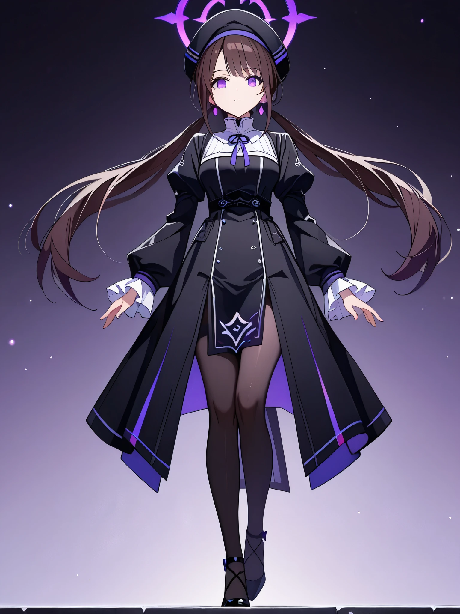 1girl, Solo, looking at viewer,( beautiful white girl:1.6, Dark brown hair, long twin tails hair, Dark purple-colored eyes, fragmented purple glowing halo), beauty, very detailed目と顔, long eyelashes, beautiful medium breasts, tall girl, perfect hand, perfect leg, perfect fingertips, perfect face, perfect eyes, eyesHD, glowing dark purple earrings, black dress, frilled sleeves, frills, hat, black headwear, pelvic curtain, high heels, black robe, long sleeves, puffy sleeves,black heels, black pantyhose,purple accent, straight pose, standing, arms straight down, ((neutral expression)), frown, straight mouth, Quiet, dark,( top quality:1.2, very detailed, high detailed CG illustration , soft focus, Masterpiece:1.2, Best Aesthetics), no background