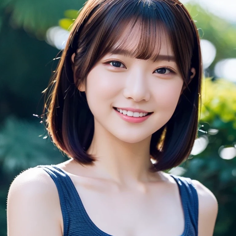 masterpiece, Highest quality, Photorealistic, Super Detail, finely, High Resolution,  8k, professional, High level of detail, Everlasting Summer Paradise , Blue Sea,  blue sky, 1 girl, 10th Generation, bob cut,  dark brown hair,  skinny Japanese woman, (( face the front)),  above the waist, black tank top, perfect face, straight hair, ( looking at the camera with a smile )
