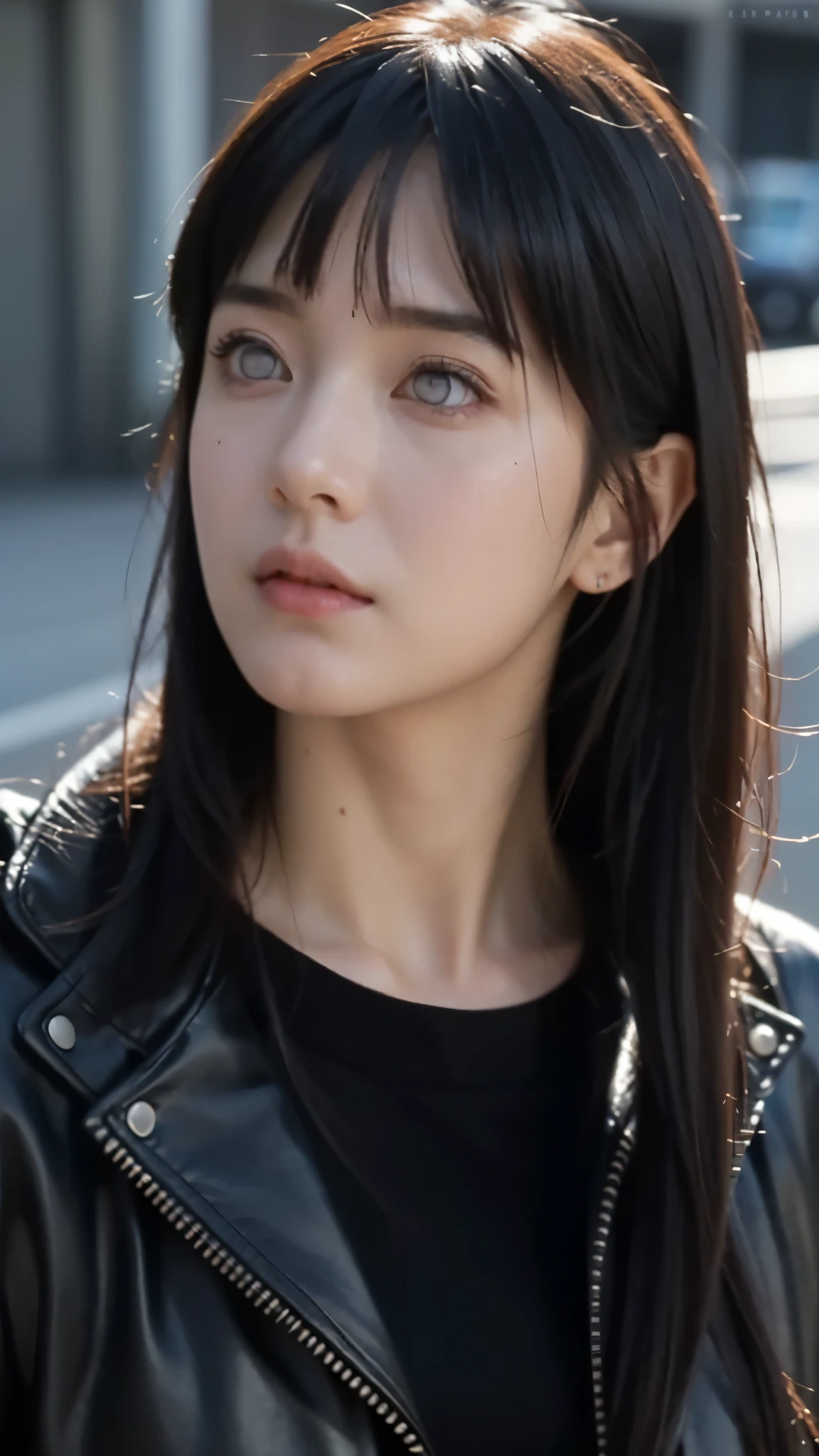Highly detailed and ultra-realistic portrait of hyuga hinata from the anime naruto shippuden with long flowing black hair and white eyes (byakugan). Her skin is smooth and radiant, reflecting soft natural light. He wore a modern and stylish black leather jacket with a white turtleneck sweater. The background is a blurry cityscape with warm, shining light, creating a cinematic atmosphere. The image has a high level of detail in texture, such as individual strands of hair and folds of fabric. The lighting is dramatic yet natural, enhancing realism while maintaining the character's anime-inspired beauty