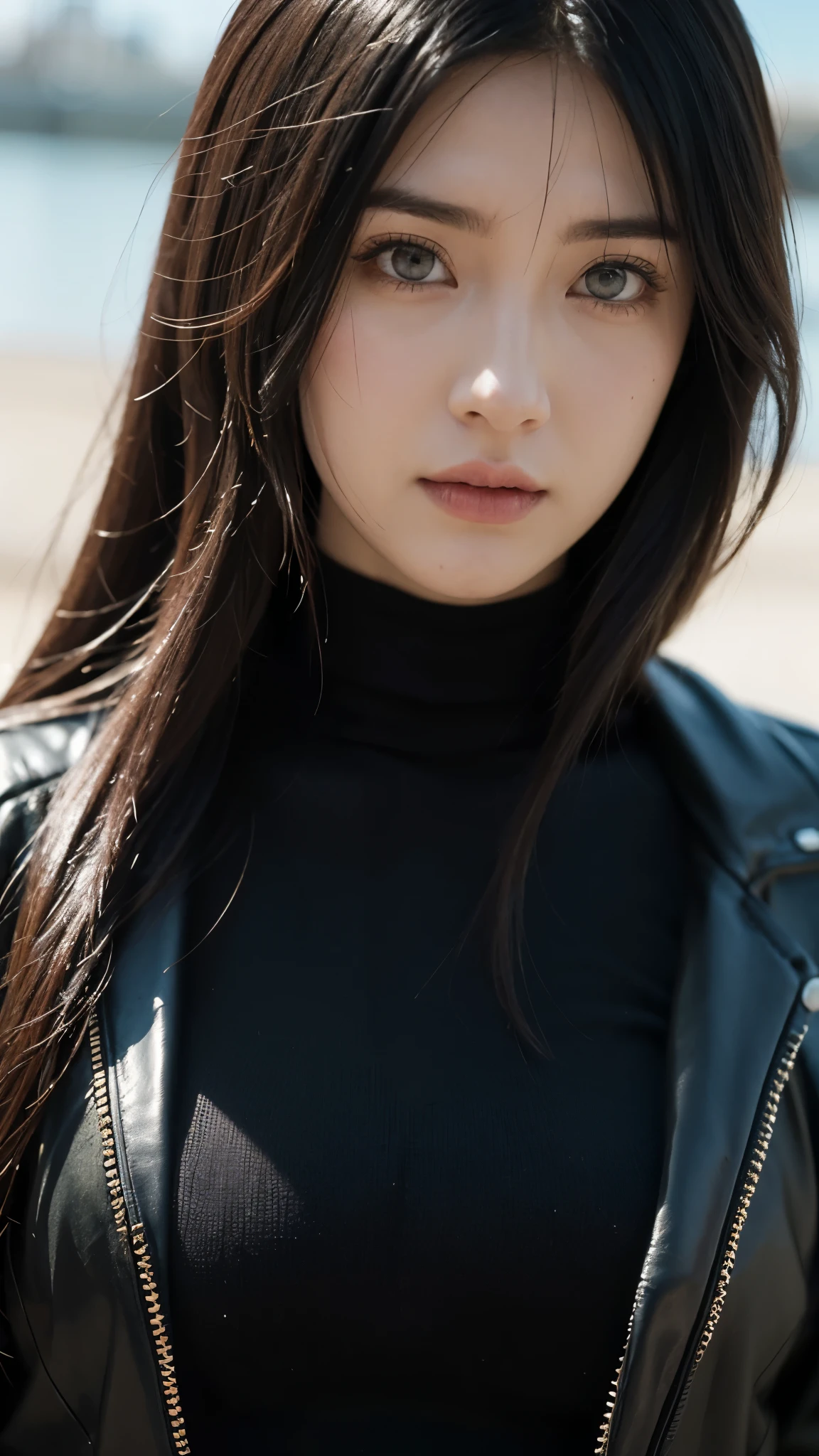 Highly detailed and ultra-realistic portrait of hyuga hinata from the anime naruto shippuden with long flowing black hair and white eyes (byakugan). Her skin is smooth and radiant, reflecting soft natural light. He wore a modern and stylish black leather jacket with a white turtleneck sweater. The background is a blurry cityscape with warm, shining light, creating a cinematic atmosphere. The image has a high level of detail in texture, such as individual strands of hair and folds of fabric. The lighting is dramatic yet natural, enhancing realism while maintaining the character's anime-inspired beauty
