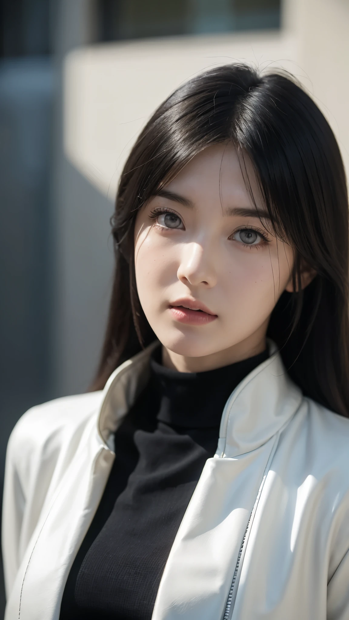 Highly detailed and ultra-realistic portrait of hyuga hinata from the anime naruto shippuden with long flowing black hair and white eyes (byakugan). Her skin is smooth and radiant, reflecting soft natural light. He wore a modern and stylish black leather jacket with a white turtleneck sweater. The background is a blurry cityscape with warm, shining light, creating a cinematic atmosphere. The image has a high level of detail in texture, such as individual strands of hair and folds of fabric. The lighting is dramatic yet natural, enhancing realism while maintaining the character's anime-inspired beauty