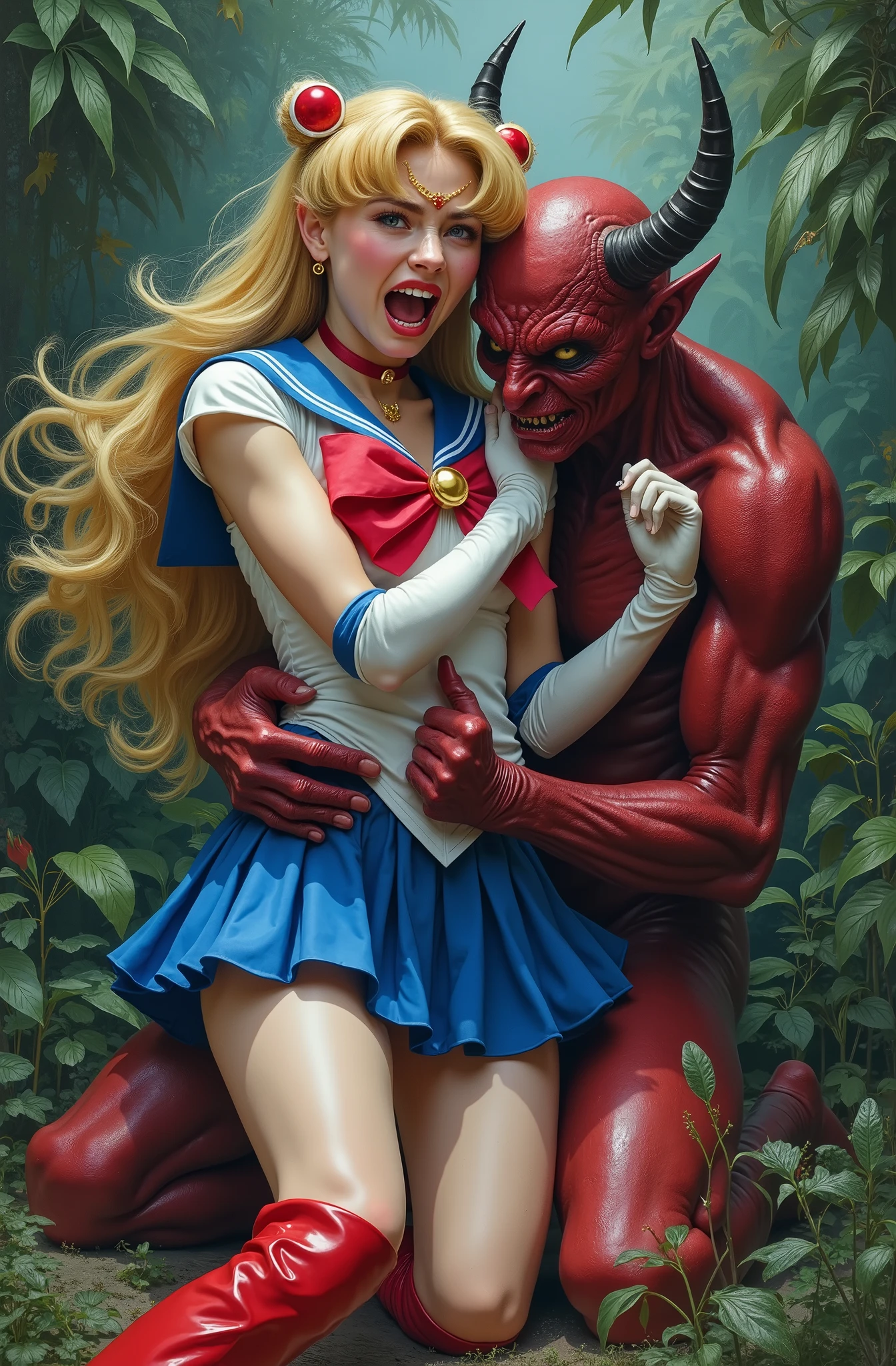 Hyperrealism, masterpiece, highest quality, A young Japanese woman is sitting on the devil lap, ((she is crying and screaming in pain)), painful face, she is wearing a Sailor Moon costume, Blue sailor collar, Blue mini pleated skirt, she is wearing pleated skirt, blue pleated skirt, Long white gloves, shiny beige color pantyhose, red high boots, Exposed thighs, red long boots, big choker, long blonde Hair, a devil is kneeling sexual assault her, the devil is hugging her and touching her crotch, the girl push his hand out, in the jungle,