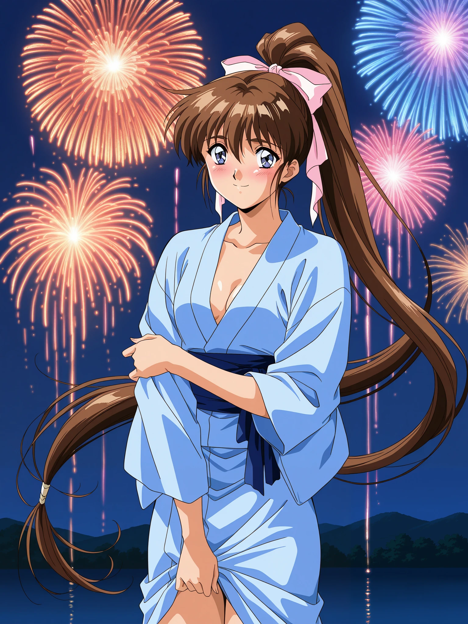 Alone, one girl, (cowboy shot), AMATSU _AI, brown hair, ponytail, very long hair, ribbon, hair ribbon, hair bow, blue eyes, bangs, purple eyes, high ponytail, 1990s \(style\),anime coloring, small breasts, cleavage, (Blue yukata), (shy:1.1), (blush), (smile), ( Fireworks), score_9, score_8_superior, score_7_superior, source_ anime, (best quality:1.2), masterpiece, high quality, full color, 8k, High Resolution, front light