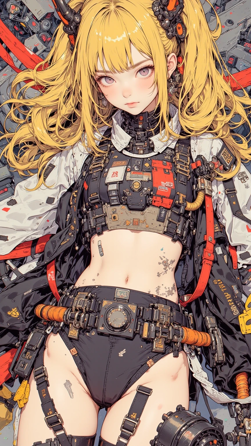 Anime Characters Drawn on Randomly Colored Backgrounds , blonde twin tail ,teeth,八重teeth, steel ball run , anime cover , Beautifully Detailed Animated Art , anime atmosphere , Detailed Anime Artwork , ultra-detailed illustration , Guilty Gear Art Style , decorative style illustration , Anime Style Fujifilm , close-up!!!!!!, 90s anime style, 90s anime style, animated poster, Trendy Anime Art Inspired by Yumihiko Amano