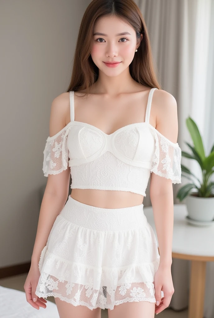 A beautiful 20-year-old Thai girl, beautiful, cute, white skin, full legs , full body , A-cup chest , smile , long straight brown hair, She sexy stand in room of hotel. She wearing a small, loose, cropped, off-the-shoulder, lace-patterned, short white sleeves, and a very short, flared, three-layered, white lace skirt. The fabric is thin and you can vaguely see the inside.