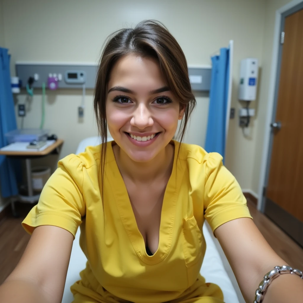 Portrait of a frightened 18yo Irish women laying in hospital bed. Close up. Hospital gown. Cleavage