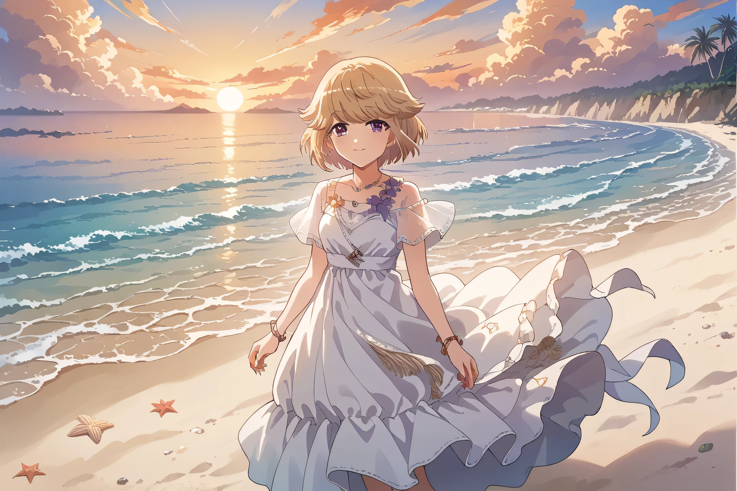 score_9, score_8_consolation, score_7_consolation, score_6_consolation, 1 female,
Ryoko, alone, purple eyes, bangs, short hair, Agaricus,, beach, wind, summer dress, white dress, long dress, Sunset, light smile in lyrics
