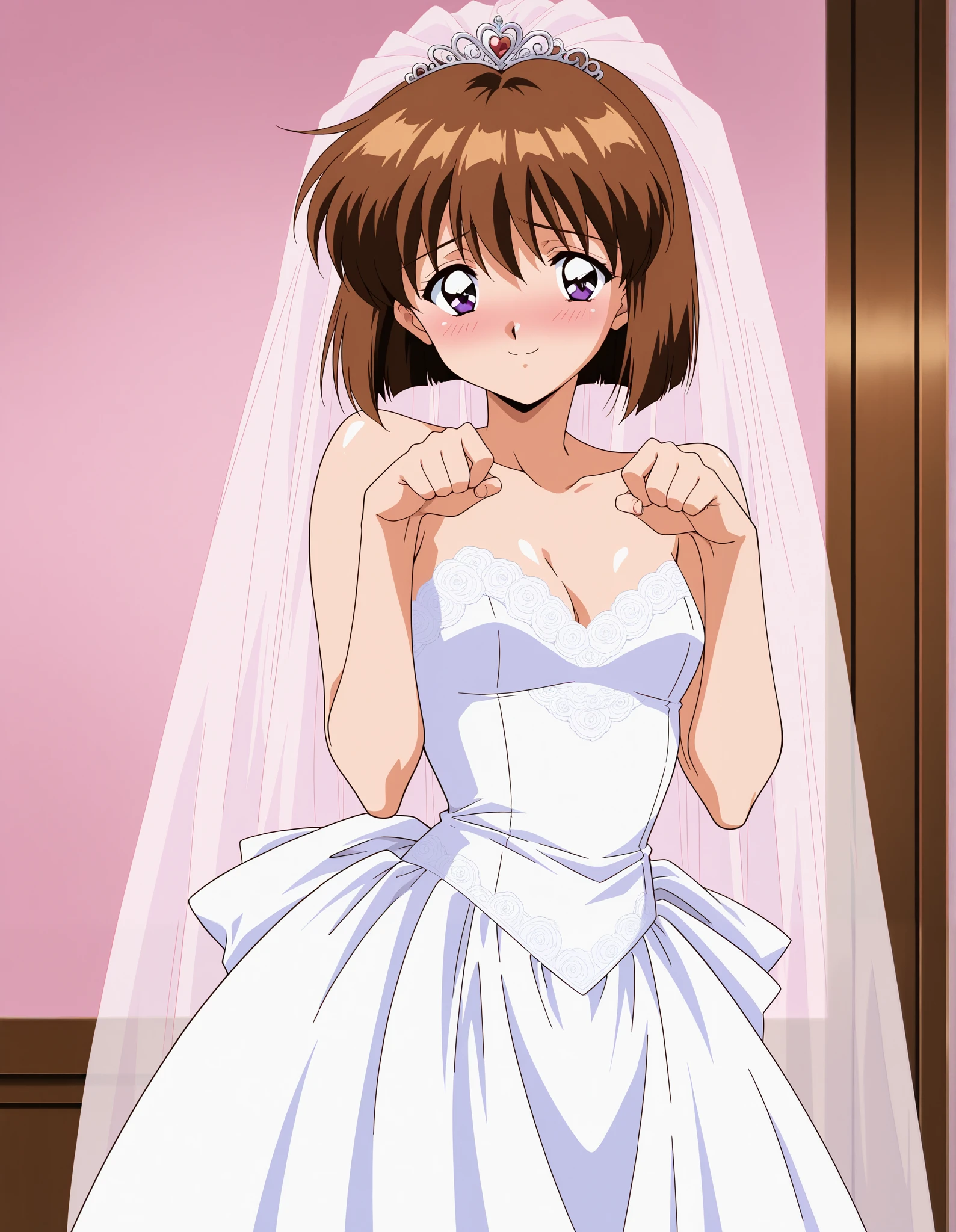 one girl, Alone, (cowboy shot), AMATSU _May, Hair, short hair, purple eyes, bob cut, bangs, 1990s \(style\),anime coloring, small breasts, cleavage, (wedding dress), (shy:1.1), (blush), (smile), (I'm fascinated:1.1), (cute pose:1.2), (wedding venue), score_9, score_8_superior, score_7_superior, source_ anime, (best quality:1.2), masterpiece, high quality, full color, 8k, High Resolution, front light