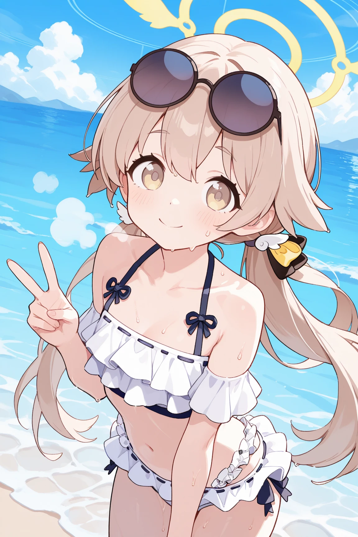 hifumi, brown hair, hair between eyes, hair bow, hair ribbon, halo, long hair, low twintails, sidelocks, twintails, wing hair ornament, (brown eyes:1.5), bikini, collarbone, eyewear on head, frilled bikini, frills, navel, side-tie bikini bottom, sunglasses, swimsuit, white bikini, beach, water, body wet, 8k quality, 8k resolutions, (diamond eyes)