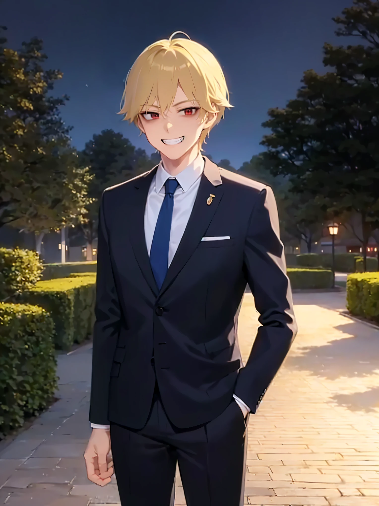 standing, (at night:1.5), masterpiece, best quality, Japanese manga style, upper body, (25 year old male: 1.5) and (short blonde hair) and (red eyes), (suit:1.5) and (blue tie), (grin:1.3), in the park, alone,